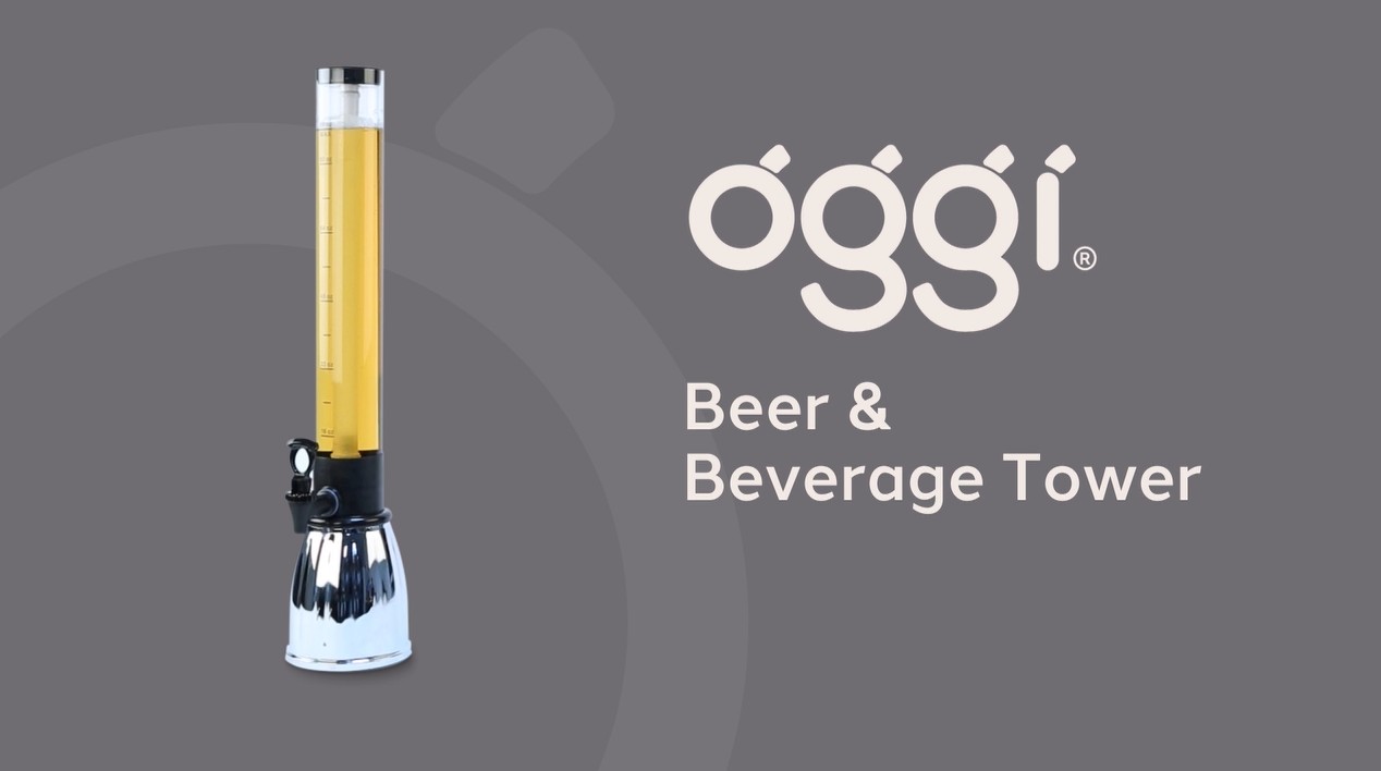 thumbnail video image 2 of Oggi Beer Tower 3L/100oz - Beverage Dispenser with Spigot & Ice Tube, Margarita, Mimosa, Holds 6 Pints of Beer - Stainless Color Model, 2 of 9