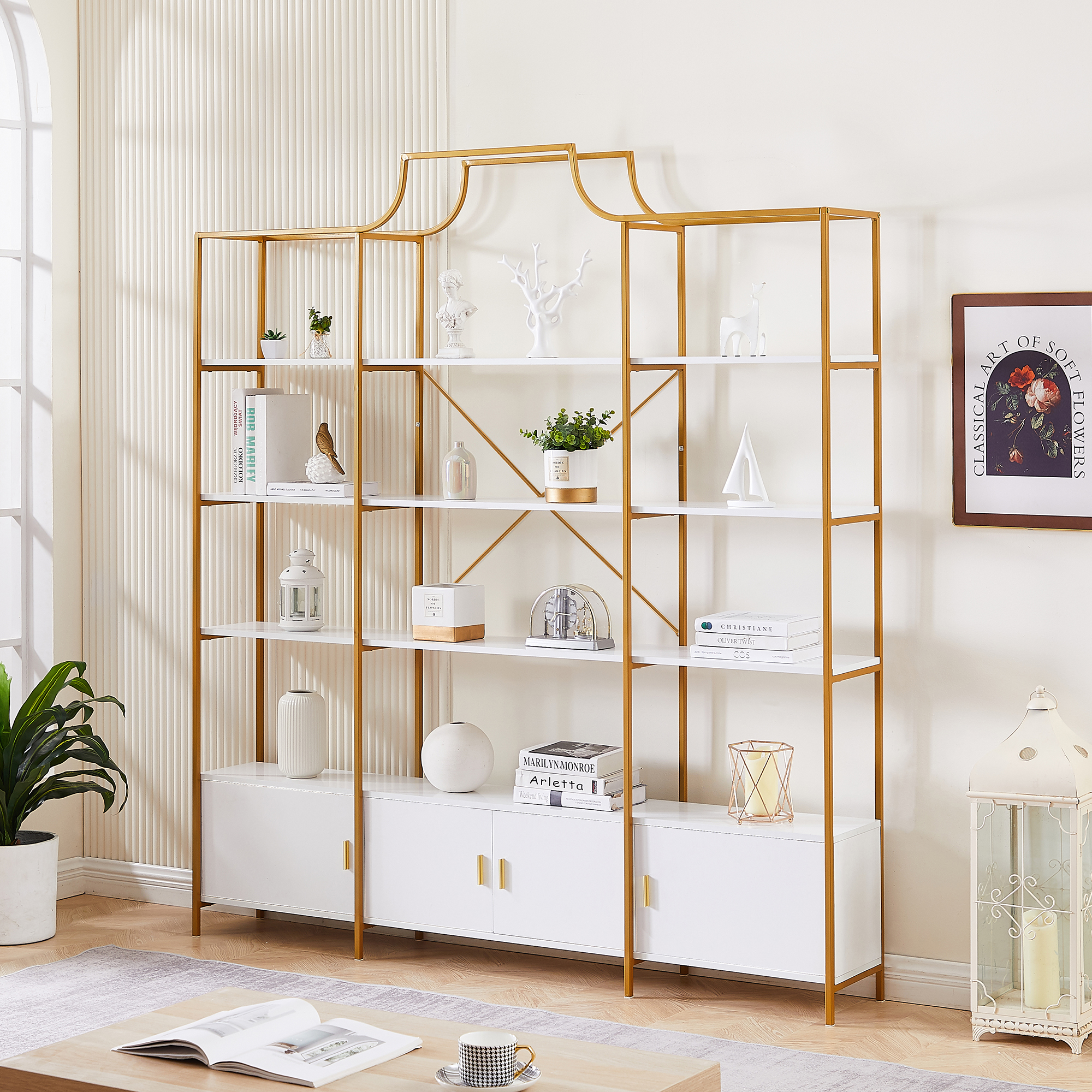 thumbnail video image 2 of PORKISS 4 Tier Tall Bookshelf, Modern Etagere Bookcase with Storage Cabinets and X-Bar Frame, Freestanding Display Open Shelf for Home Office, Adults, Gold/White, 2 of 13