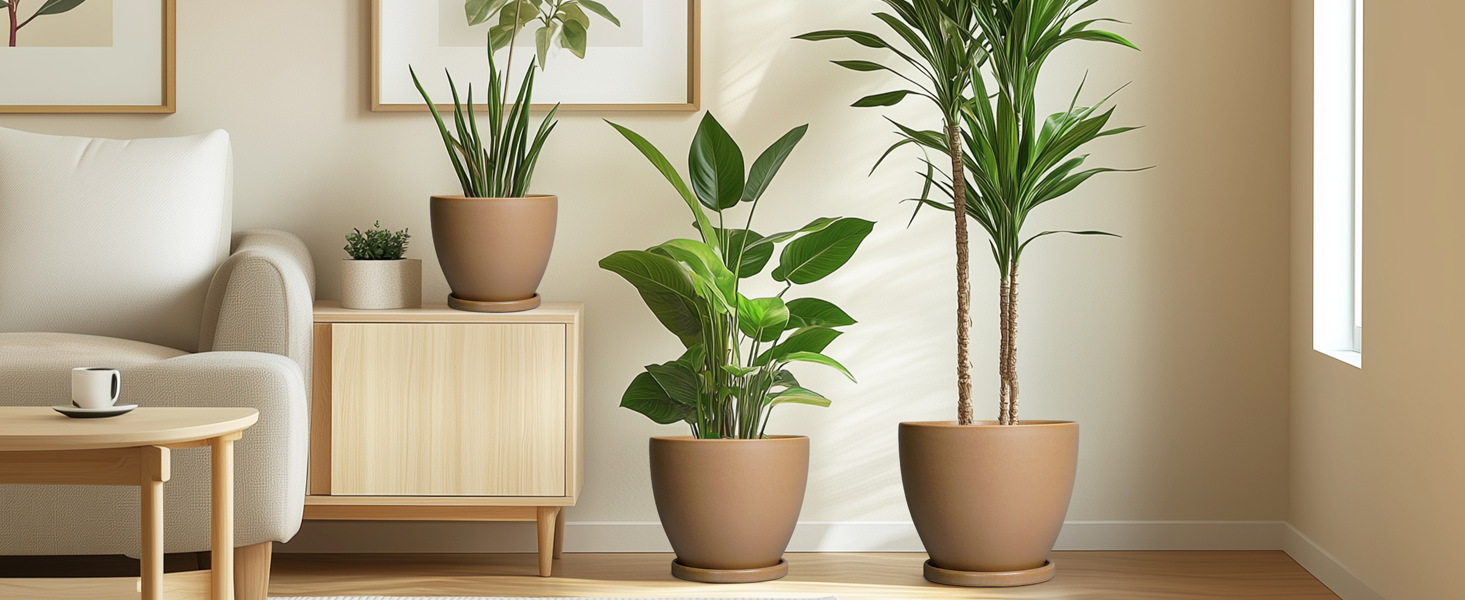 thumbnail video image 2 of Round Flower Pots 10/8/6 inch for Indoor Plants with Saucer Modern Ceramic Planter for Live Houseplants Christmas Gift Matte Brown, 2 of 8