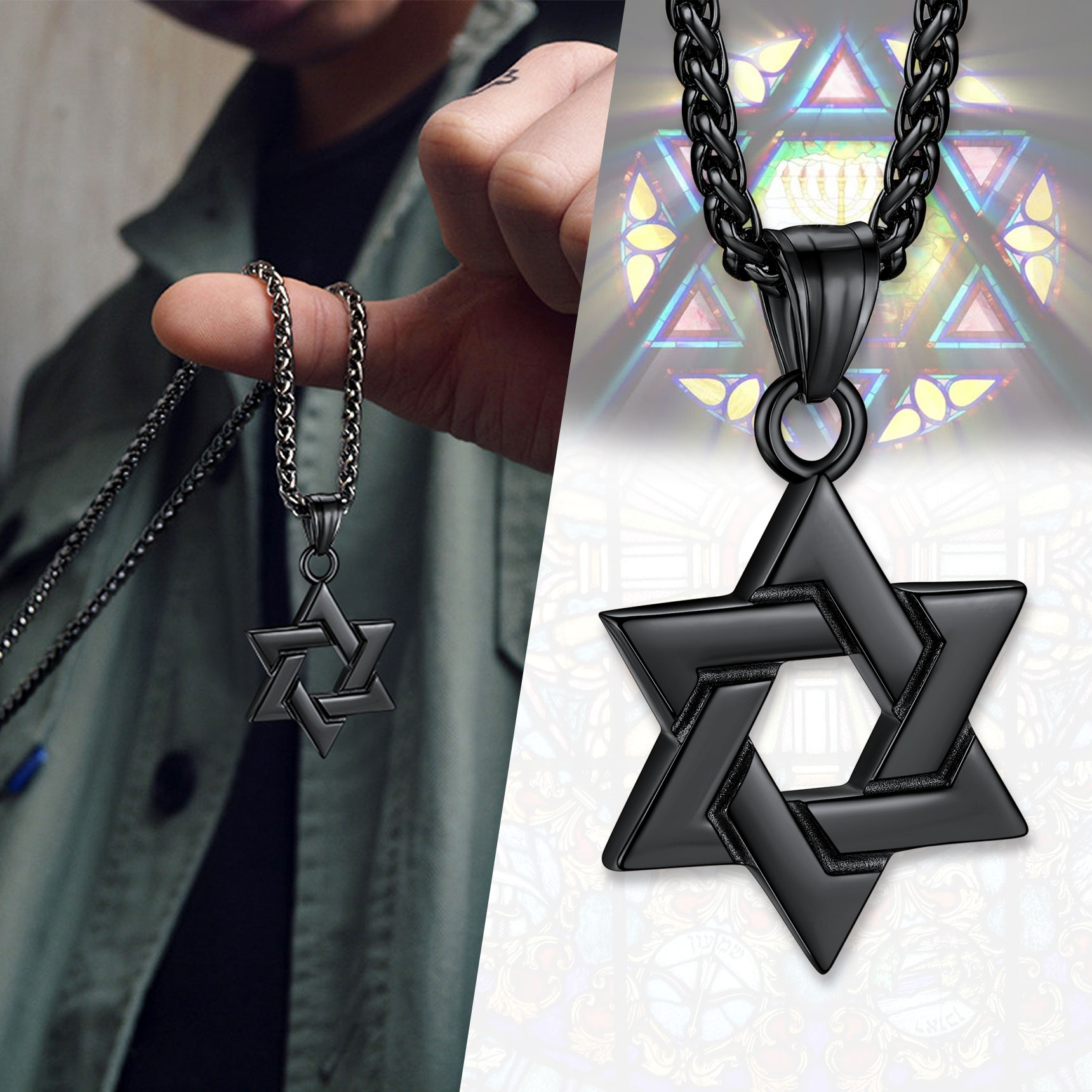 thumbnail video image 2 of Bestyle Jewish Star of David Necklace Hexagram Pendant Necklace Stainless Steel Jewelry Gifts for Men Boyfriend Dad Father - Black, 2 of 8