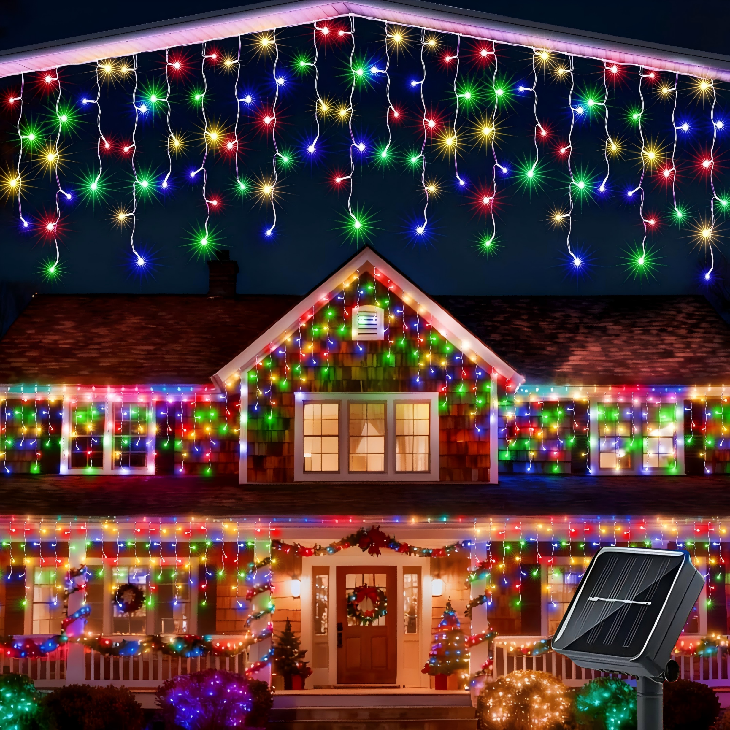 thumbnail video image 2 of PMMIPNW Solar Christmas Icicle String Lights 162LED 27ft, Christmas Fairy Lights for Bedroom, Patio, Yard, Garden, Wedding, Eave Decor (Multicolor), 2 of 8