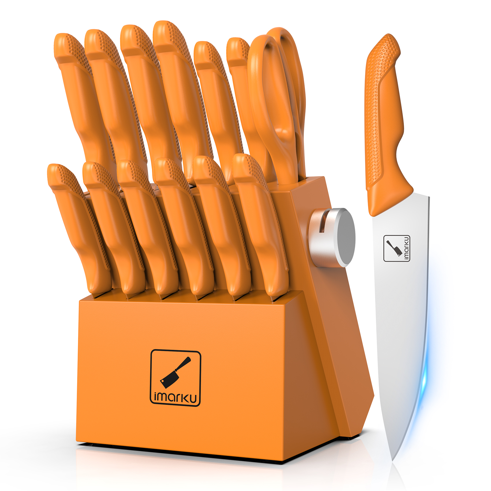 thumbnail video image 2 of imarku Knife Set, Sharp Block Knife Set with Built-in Sharpener, Japanese Stainless Steel with Non-Slip Ergonomic Handle, Dishwasher Safe, Kitchen Gifts for Man Woman Burnt Orange, 2 of 11