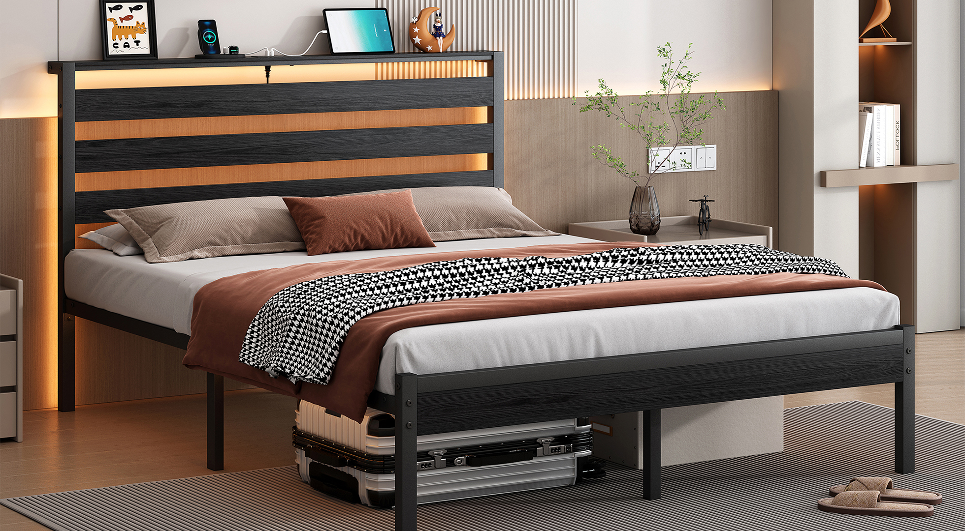 thumbnail video image 2 of 14 Inch King Size LED Bed Frame with USB Charging Station, Underbed Storage, No Box Spring Required, Noise Free, Black, 2 of 5