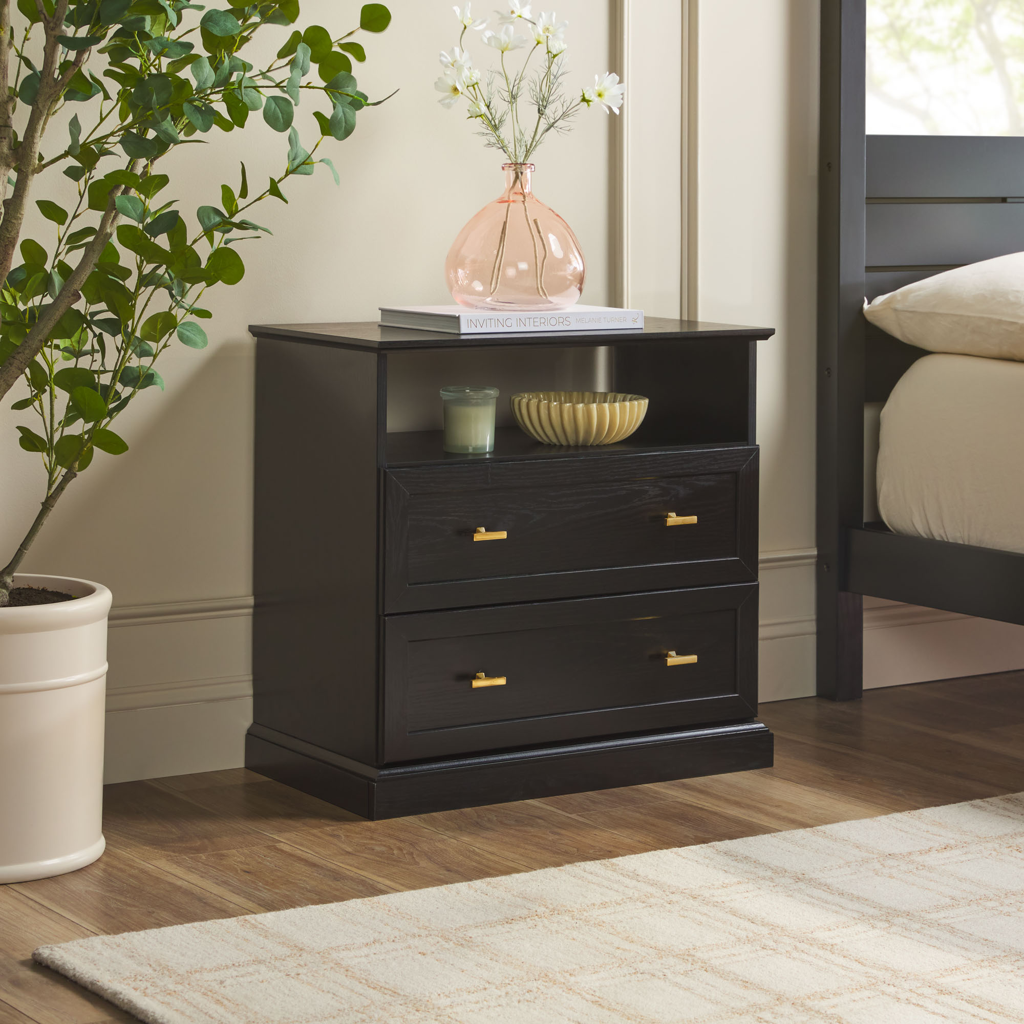 thumbnail video image 2 of Walker Edison Modern Farmhouse Easy Assembly Nightstand with Open Shelf Black, 2 of 15
