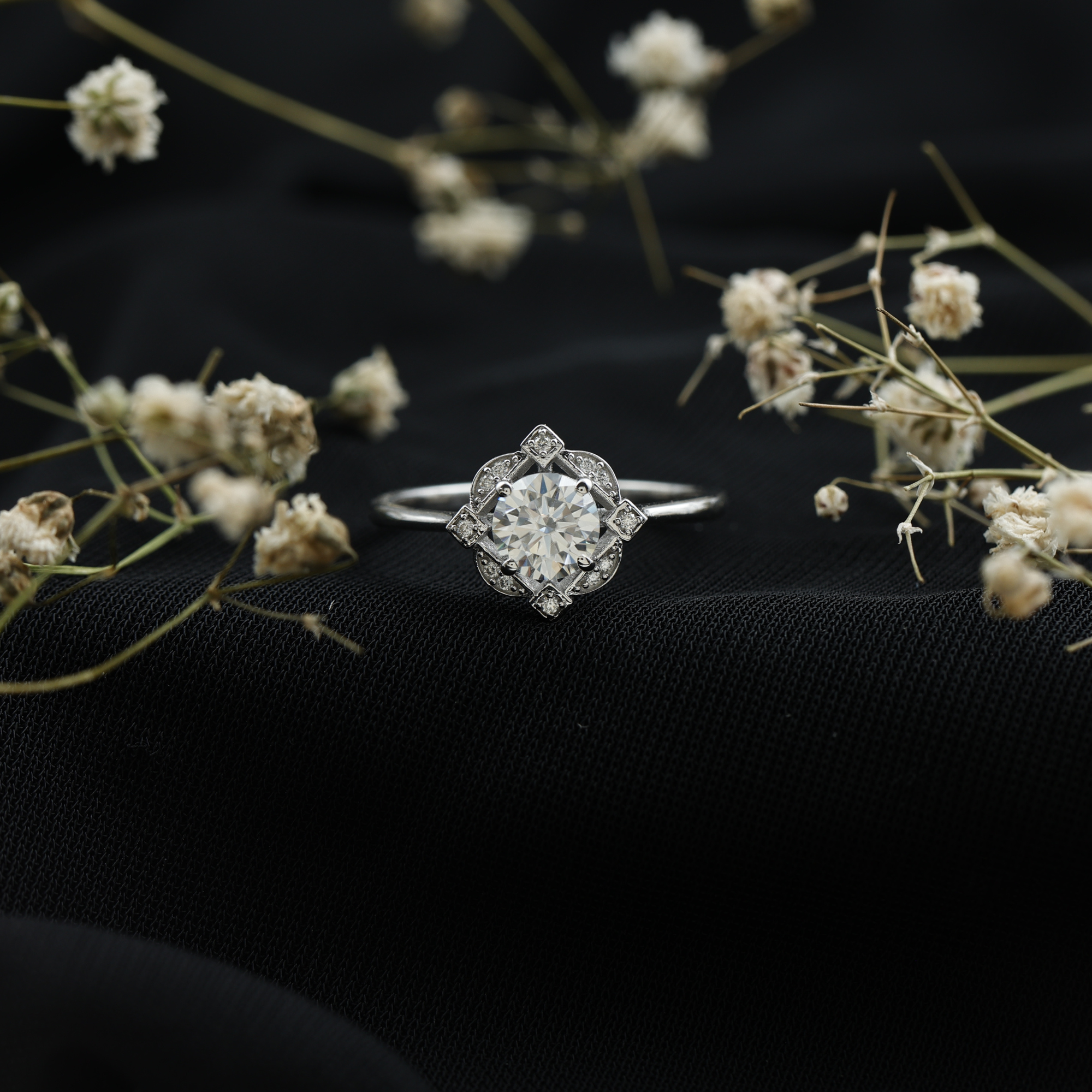 thumbnail video image 2 of Rosec Jewels Sterling Moissanite Engagement Ring (D-VS1 Grade) - Nature Inspired Flower Ring - 925 Silver Ring for Women, US 6.00, 2 of 9