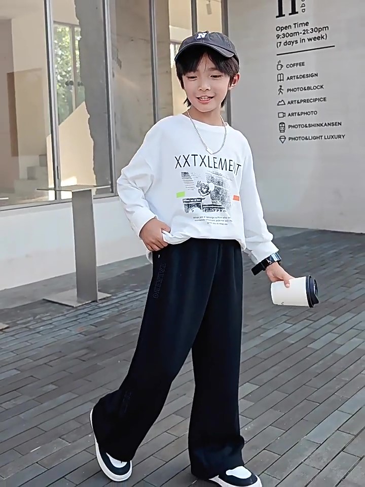 thumbnail video image 2 of Boy's Wide Leg Sweatpants with Pockets Trousers for Boys 14-16 Casual Elastic Waist Baggy Pants Youth Open Bottom Sweat Pants Size 9-10 Years Black, 2 of 8