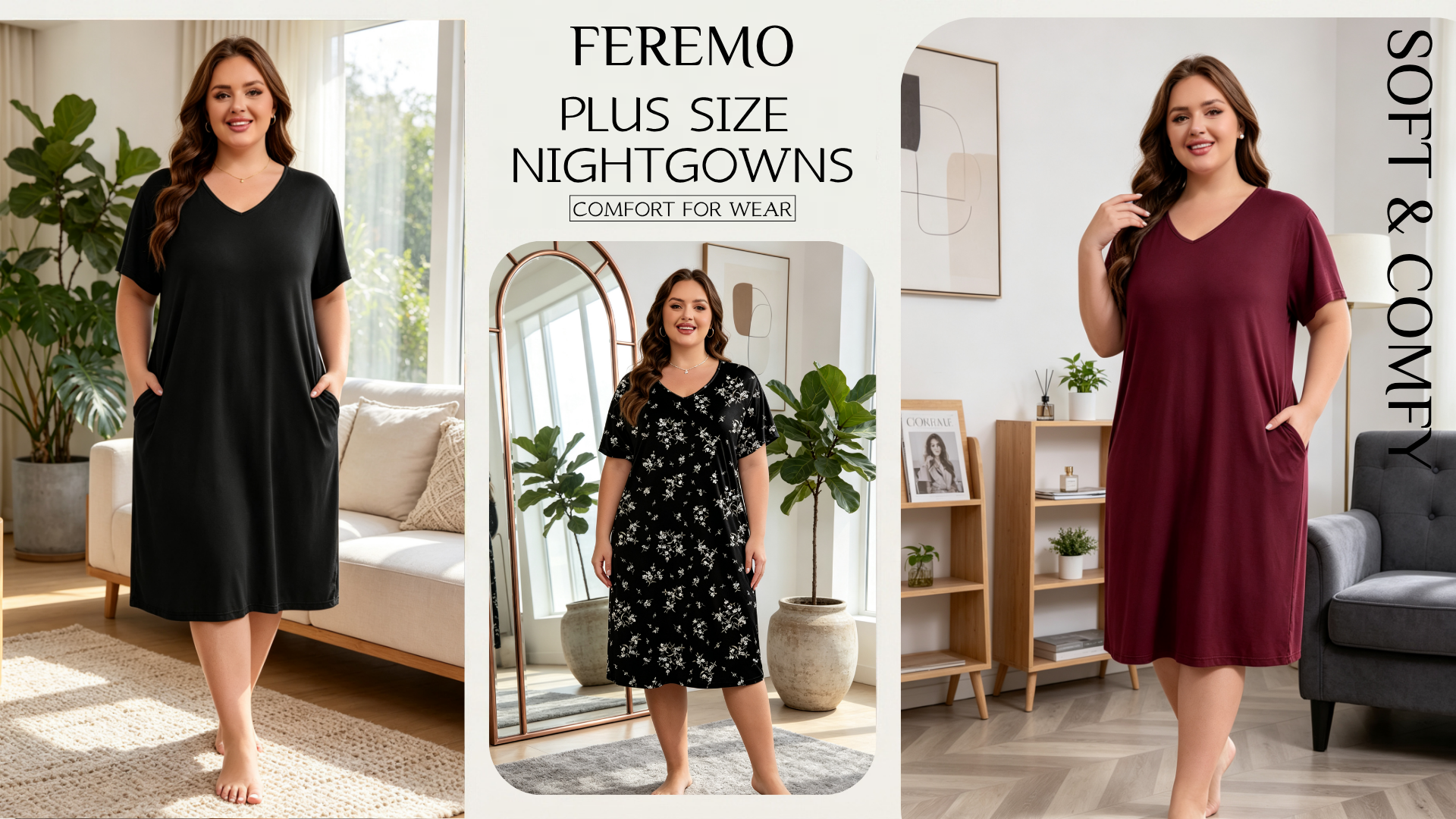 thumbnail video image 2 of FEREMO Womens Plus Size Nightgowns V Neck Short Sleeve Sleepwear Printed Sleepwear with Pockets, 3 Pack, 2 of 8