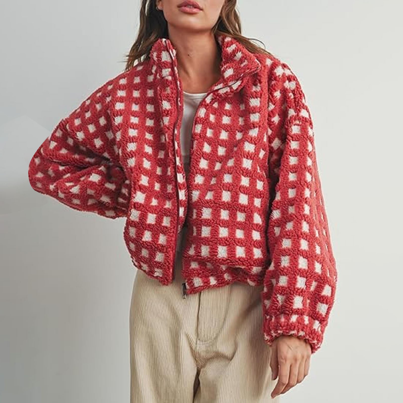 thumbnail video image 2 of iHPH7 Womens Fleece Jacket Warm Winter Coats for Women Cropped Jacket Plaid Jacket for Woman Fuzzy Jackets for Women Casual Outerwear Teddy Jacket Women Red L, 2 of 7