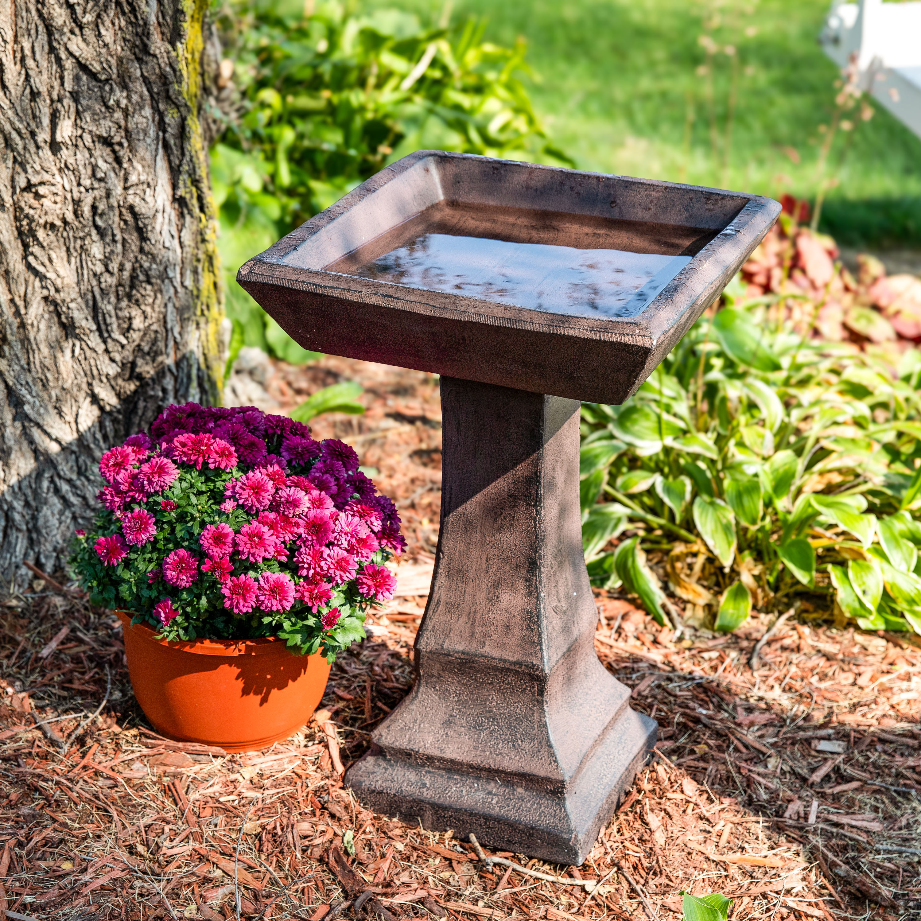 thumbnail video image 2 of Sunnydaze Simply Square Freestanding Glass Fiber Reinforced Concrete Outdoor Bird Bath, Brown, 2 of 17