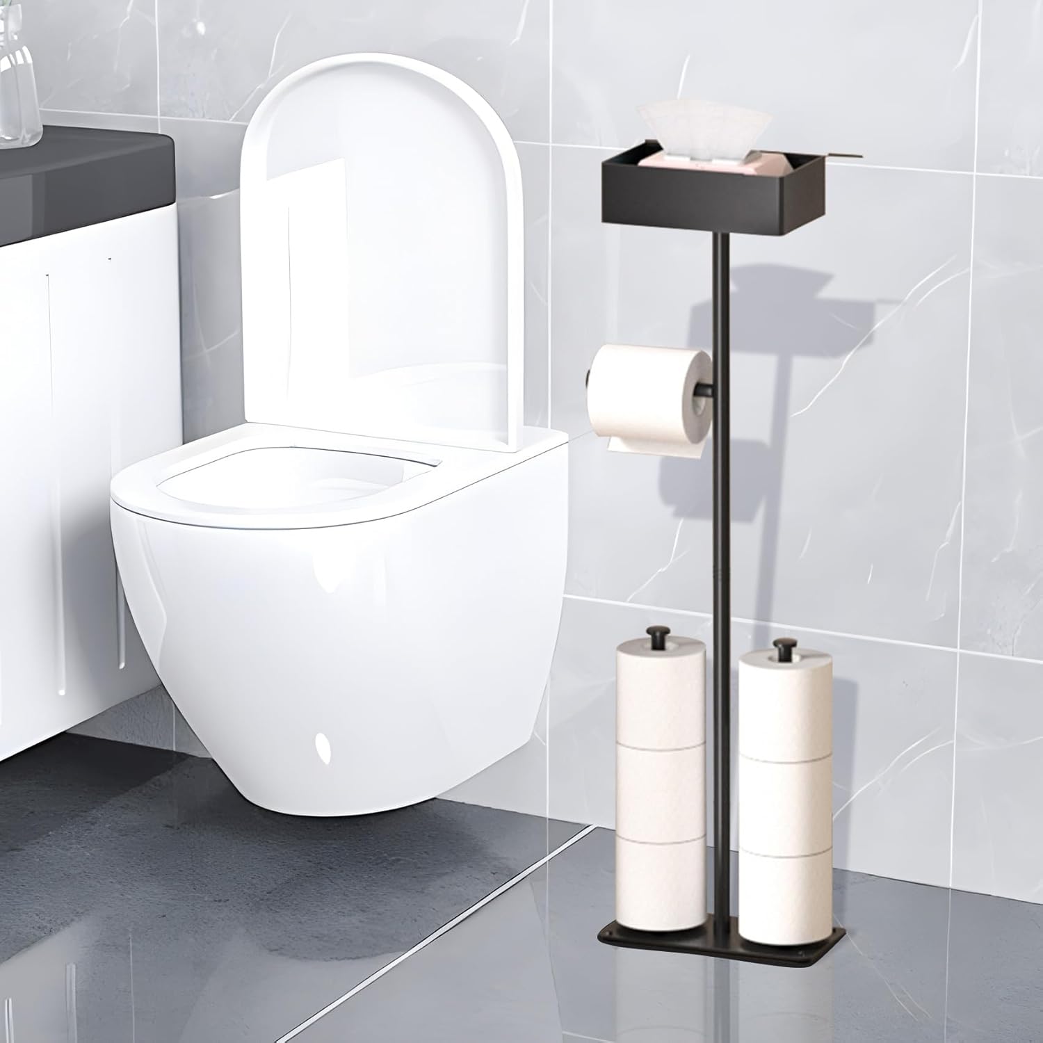 thumbnail video image 2 of Toilet Tissue Roll Paper Holder Free Standing For Bathroom With storage Tray 2 poles, 2 of 14