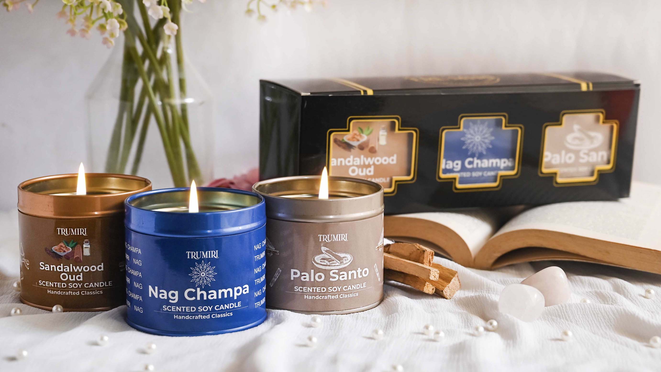 thumbnail video image 2 of Palo Santo, Nag Champa, Sandalwood Oud - Soy Candles Non Toxic - Highly Scented Long Lasting with Essential Oils - Variety Pack of 3 x 5oz - for Home Aromatherapy Meditation Gift Travel, 2 of 9