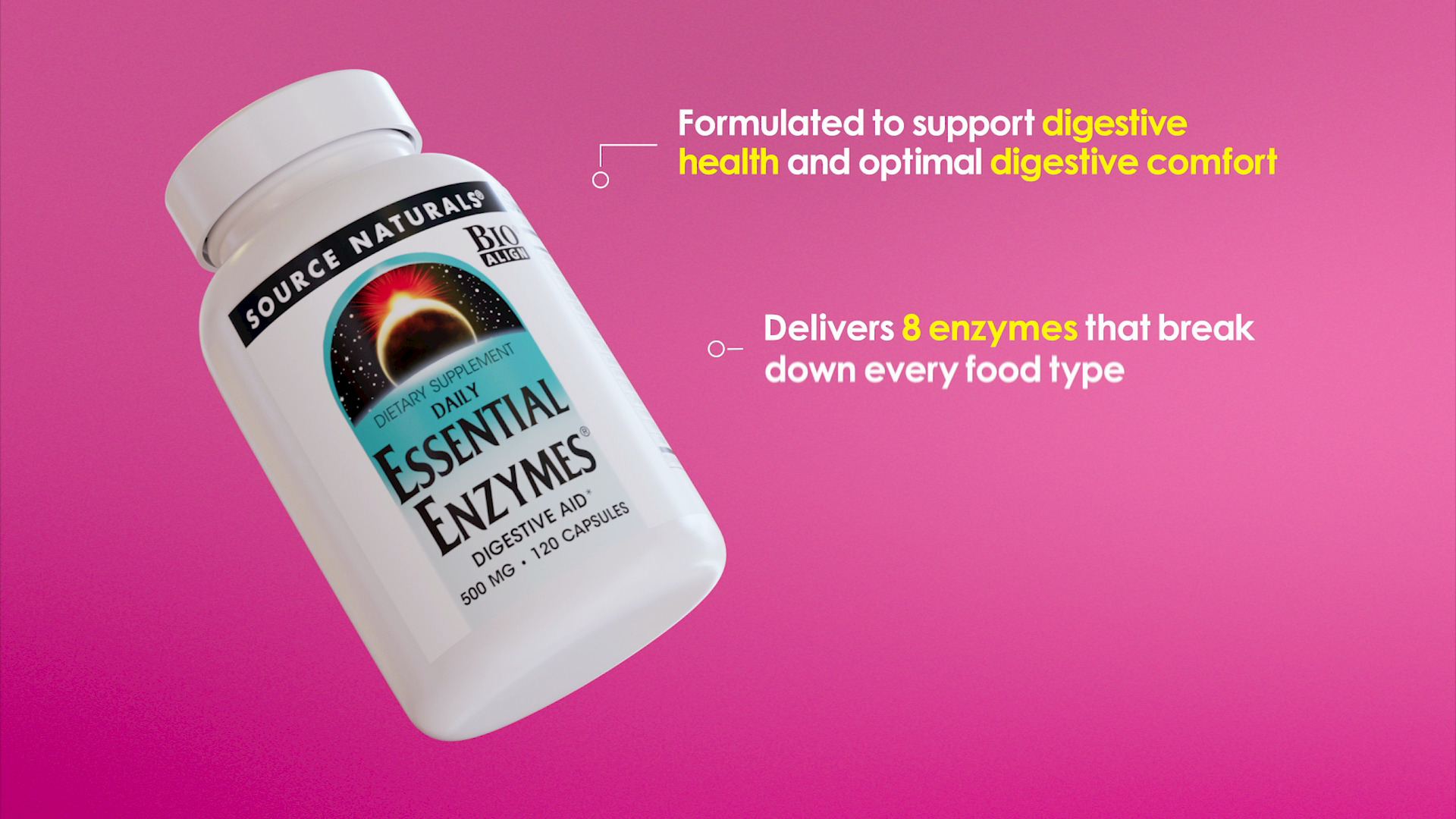 thumbnail video image 2 of Source Naturals Essential Enzymes 500mg Bio-Aligned Multiple Supplement Herbal Defense For Digestion, Gas & Constipation Relief - Strong Immune System Support* - 120 Capsules, 2 of 8