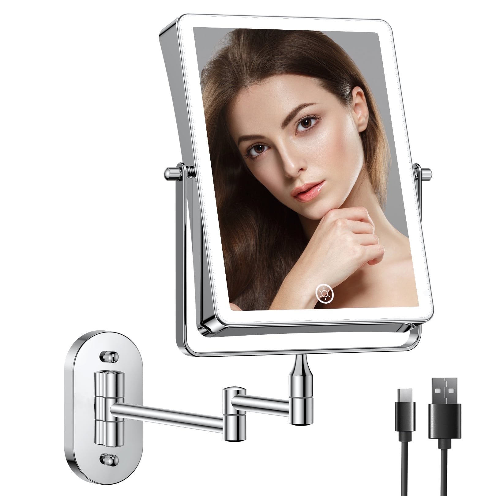thumbnail video image 2 of Funtouch Rechargeable Wall Mounted Lighted Makeup Mirror, 1X/10X Magnifying Mirror with 3 Color Lights, 360° Swivel,Nickel, 2 of 10
