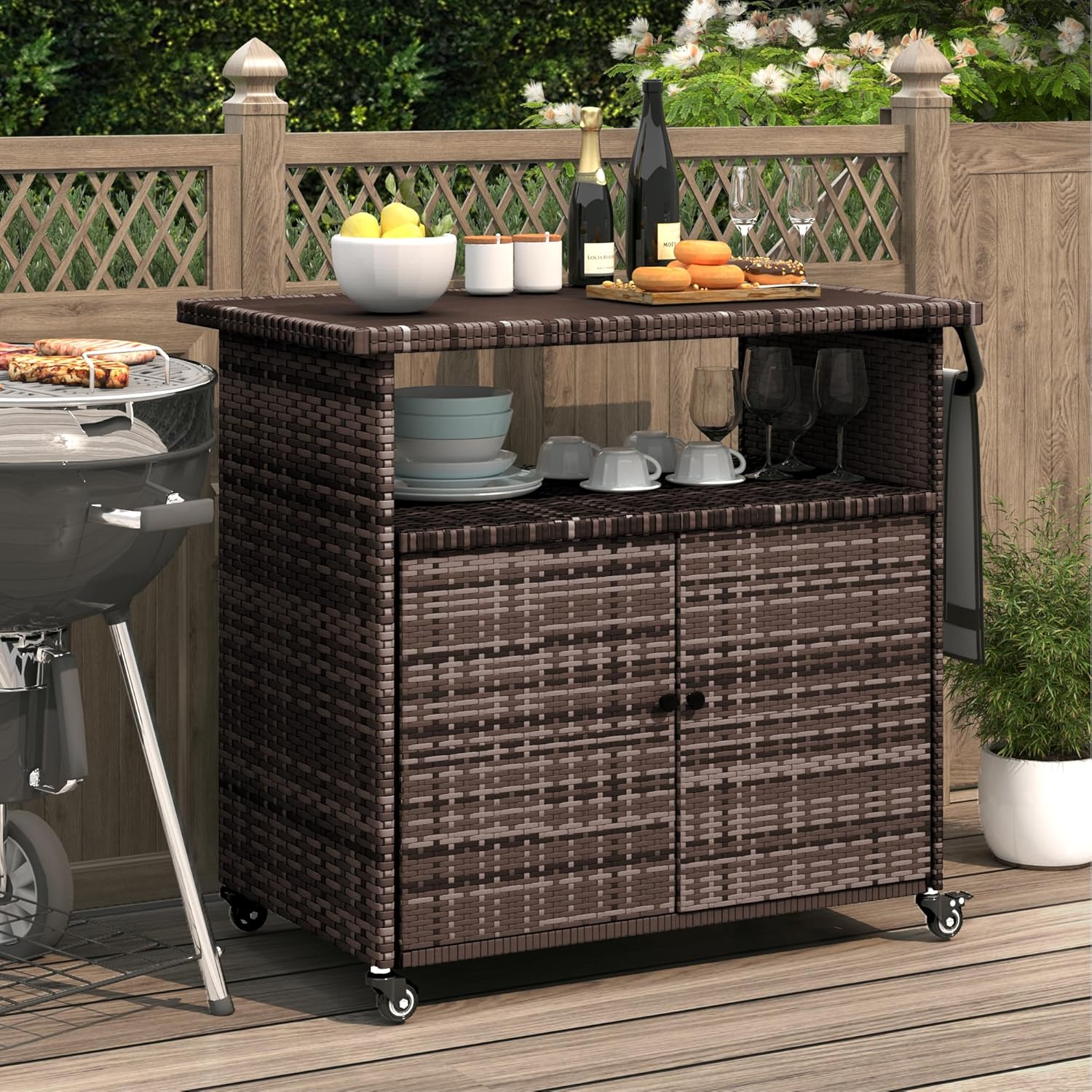 thumbnail video image 2 of AECOJOY Patio Wicker Bar Tables with Wheels&Shelf Patio Serving Table Outdoor Storage Cabinet Outdoor Bar Cart, Black, 2 of 10
