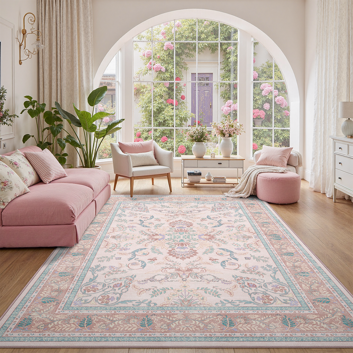 thumbnail video image 2 of Floral 6x9 Area Rug, Machine Washable, Soft Vintage Floral Rug Non Slip Stain Resistant for Living Room, Bedroom, Dining Room -Pink, 2 of 8