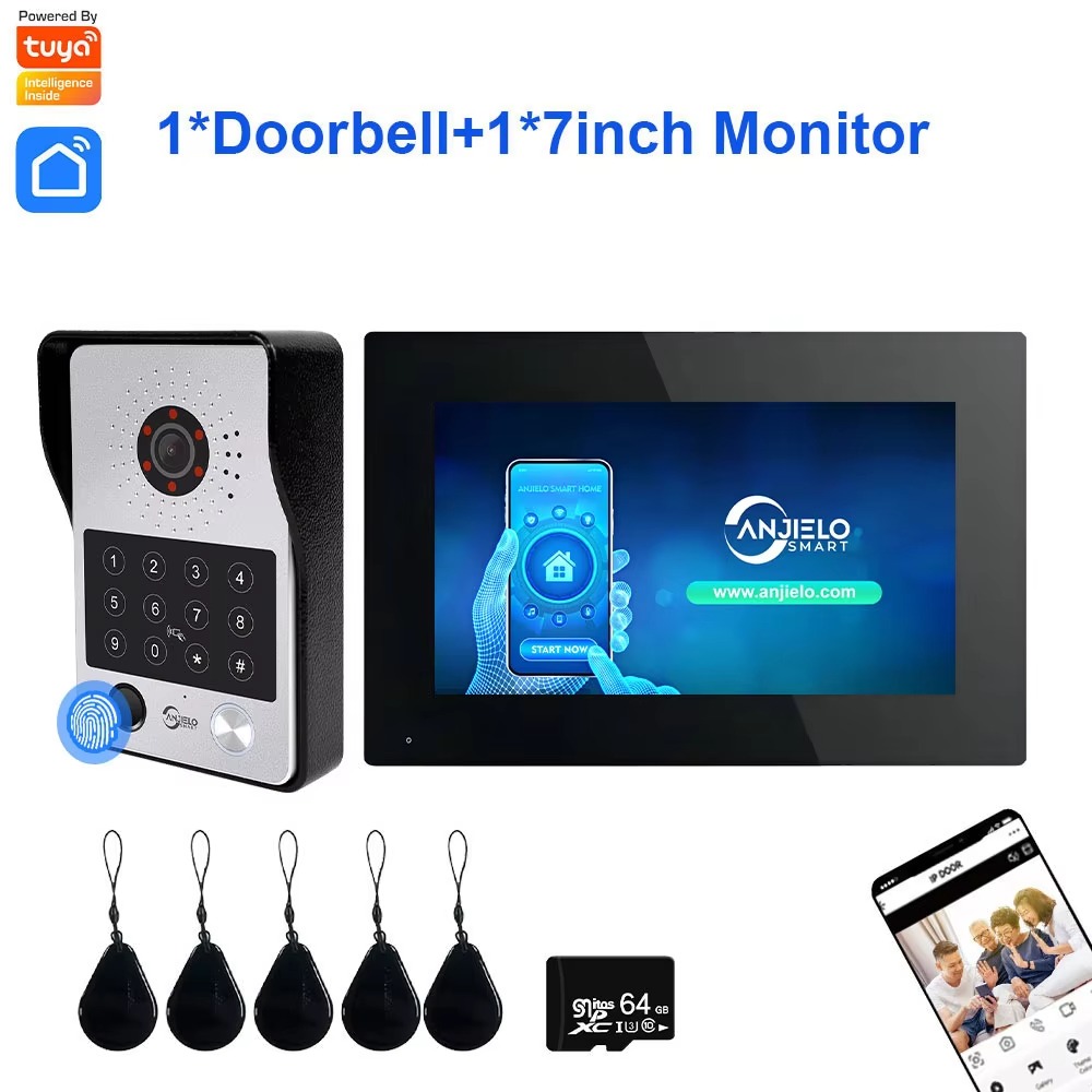 thumbnail video image 2 of Wireless Video Door Phone Apartment Intercom System,7 Inch Touch Monitor with Wired 1080P Doorbell,Supporting Fingerprint,RFID Card,Password for Home Tuya,32G, 2 of 8