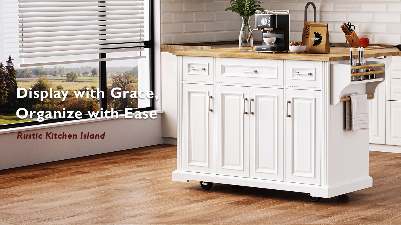 thumbnail video image 2 of 54-inch Large Kitchen Island with Rubber Wood Drop Leaf, Rolling Kitchen Cart on 4 Wheels with 4 Doors and 3 Drawers for Dining Room, 2 of 11