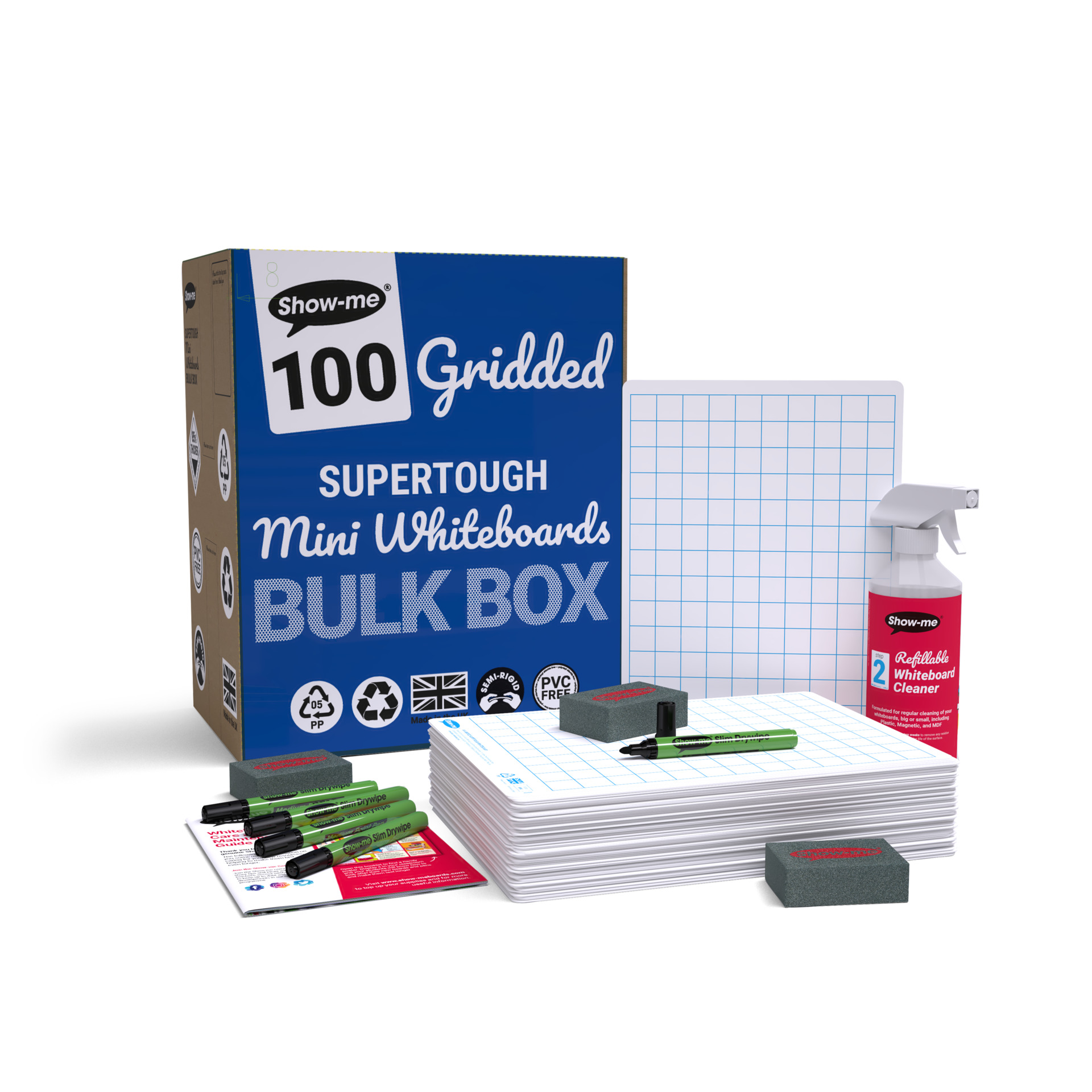 thumbnail video image 2 of Show-me Bulk Box of 100 x A4 Gridded/Plain SUPERTOUGH dry erase boards, pens and erasers plus 1 free cleaner, 2 of 6