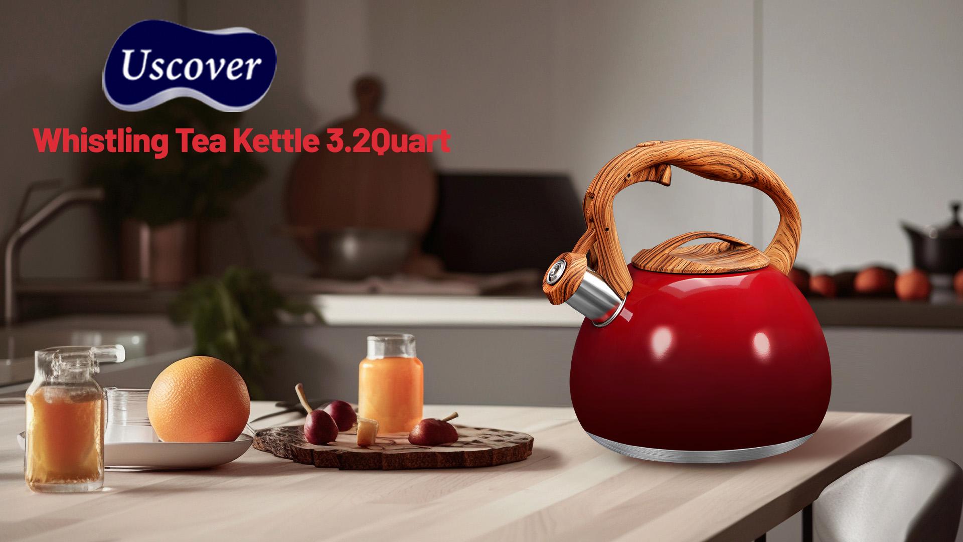 thumbnail video image 2 of Uscover 3L Loud Whistling Stovetop Tea Kettle, Teapot Whistling Kettle with Wood Pattern Handle Loud Whistle, Food Grade Stainless Steel Tea Pot for Stovetops Water Kettle(Gradient Red), 2 of 10