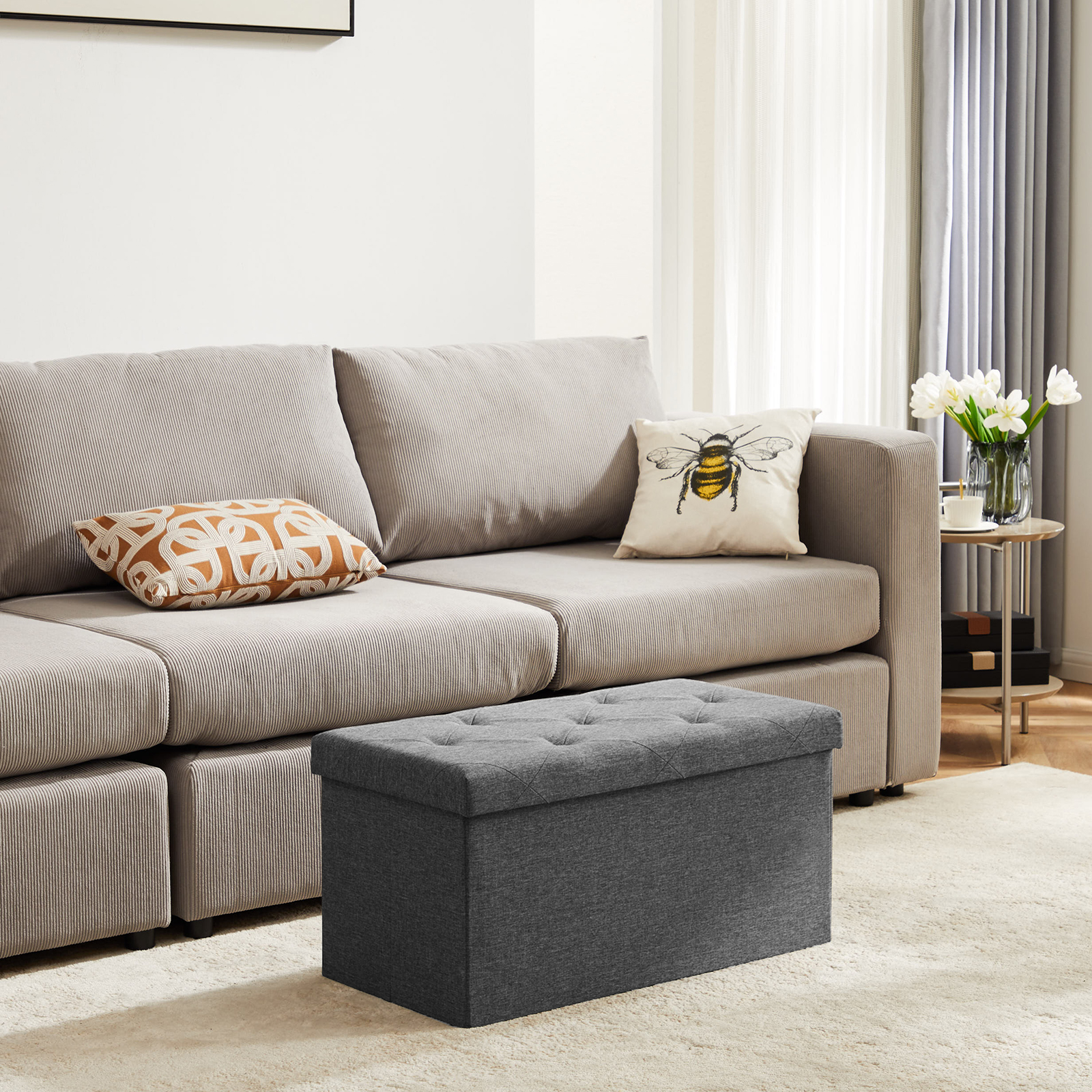 thumbnail video image 2 of CONCETTA 43" Storage Ottoman Bench– Foldable Fabric Stool with Storage, 660 lb Capacity, for Bedroom, Living Room, Entryway, Gray, 2 of 7
