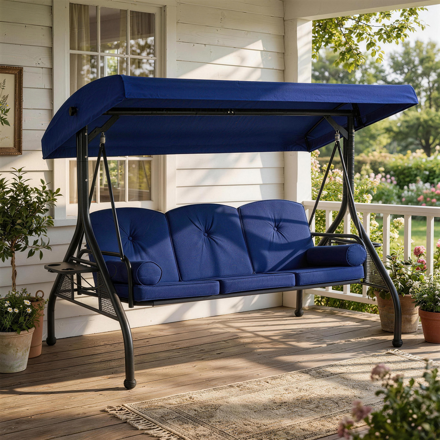 thumbnail video image 2 of Clouddwell Outdoor Porch Swing with Stand and Canopy, 3-Seat Porch Swing with Stand for Garden, Yard & Balcony, Blue, 2 of 10