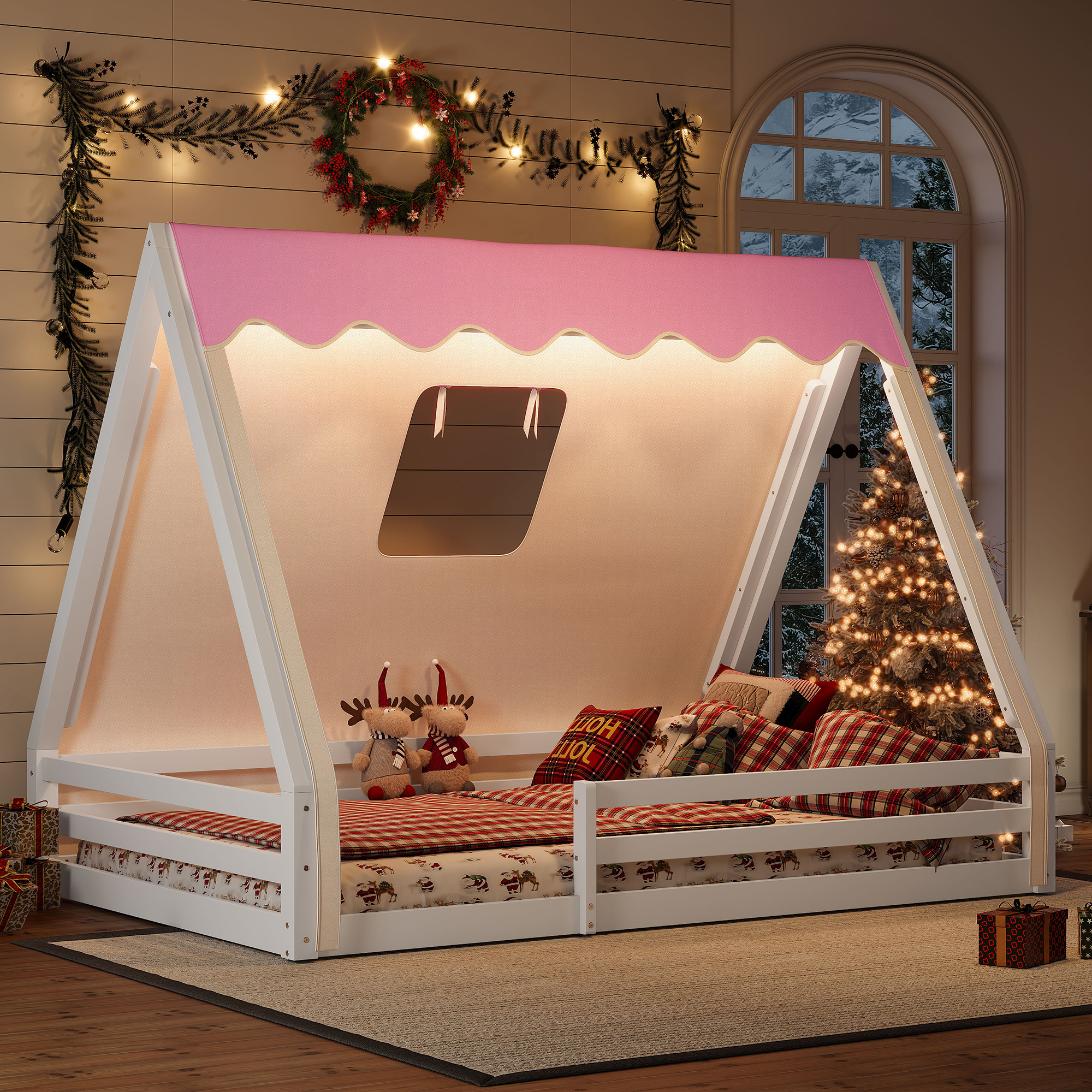 thumbnail video image 2 of UHOMEPRO Full Size Floor Bed Frame, Solid Wood Teepee Bed with Tent, LED Light, Guardrails, Montessori and Childlike Design Bed Frame for Girls/Boys, Green, 2 of 8