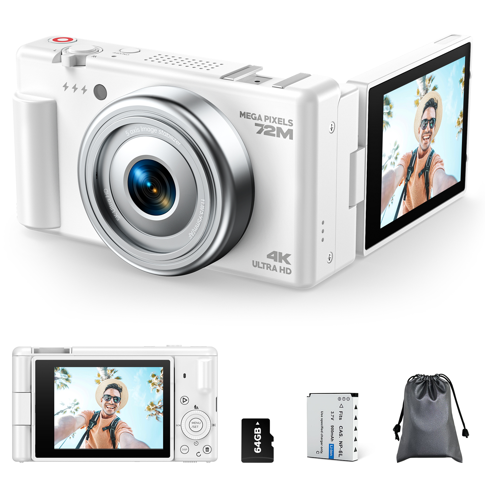 thumbnail video image 2 of Campark AC18 72MP Digital Camera 4K/30FPS Video with 18x Zoom, 64GB Card for Beginners, 2 of 9