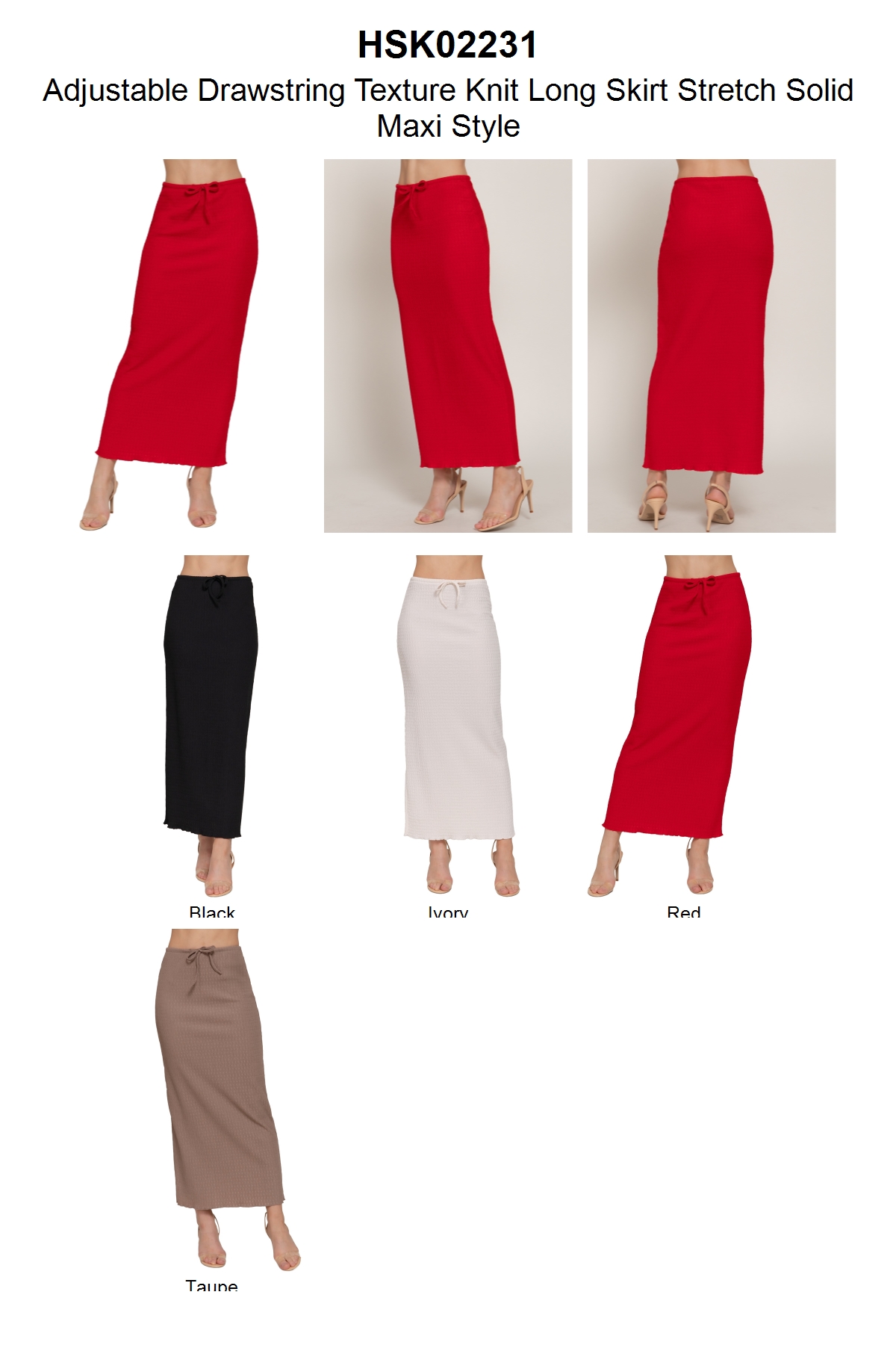 thumbnail video image 2 of Women's Adjustable Drawstring Texture Knit Long Skirt Stretch Solid Maxi Style, 2 of 5