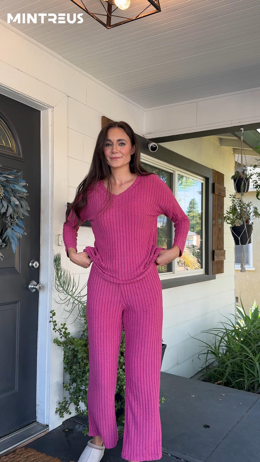 thumbnail video image 2 of MINTREUS Women's Pajama Sets Long Sleeve V Neck Lounge Sets Soft Ribbed knit Sleepwear 2 Piece Pjs Set, 2 of 8