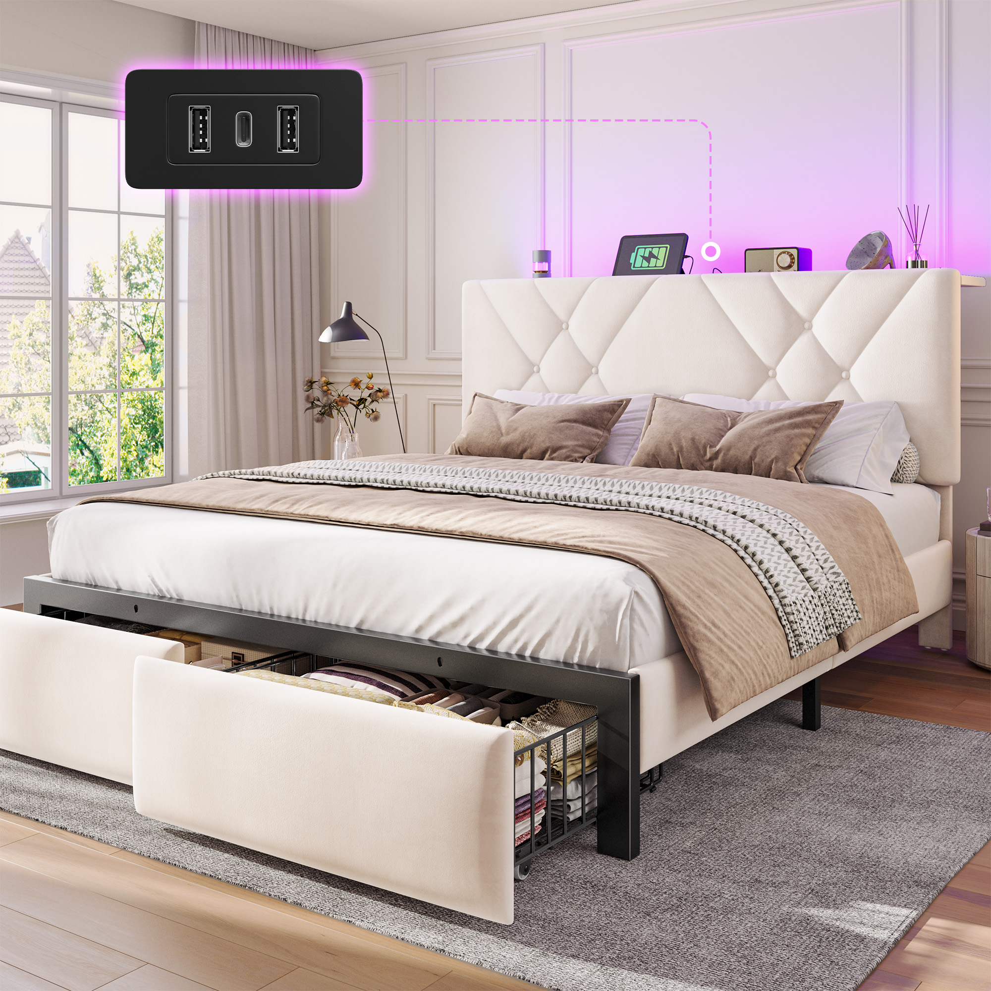 thumbnail video image 2 of EnHomee Queen Size Bed Frame with 2 Drawers &  Storage Platform Upholstered Bed Frame Queen with Headboard Queen Bed Frame with LED Lights & Charge Station, No Box Spring Needed, No-Noise, Beige, 2 of 8