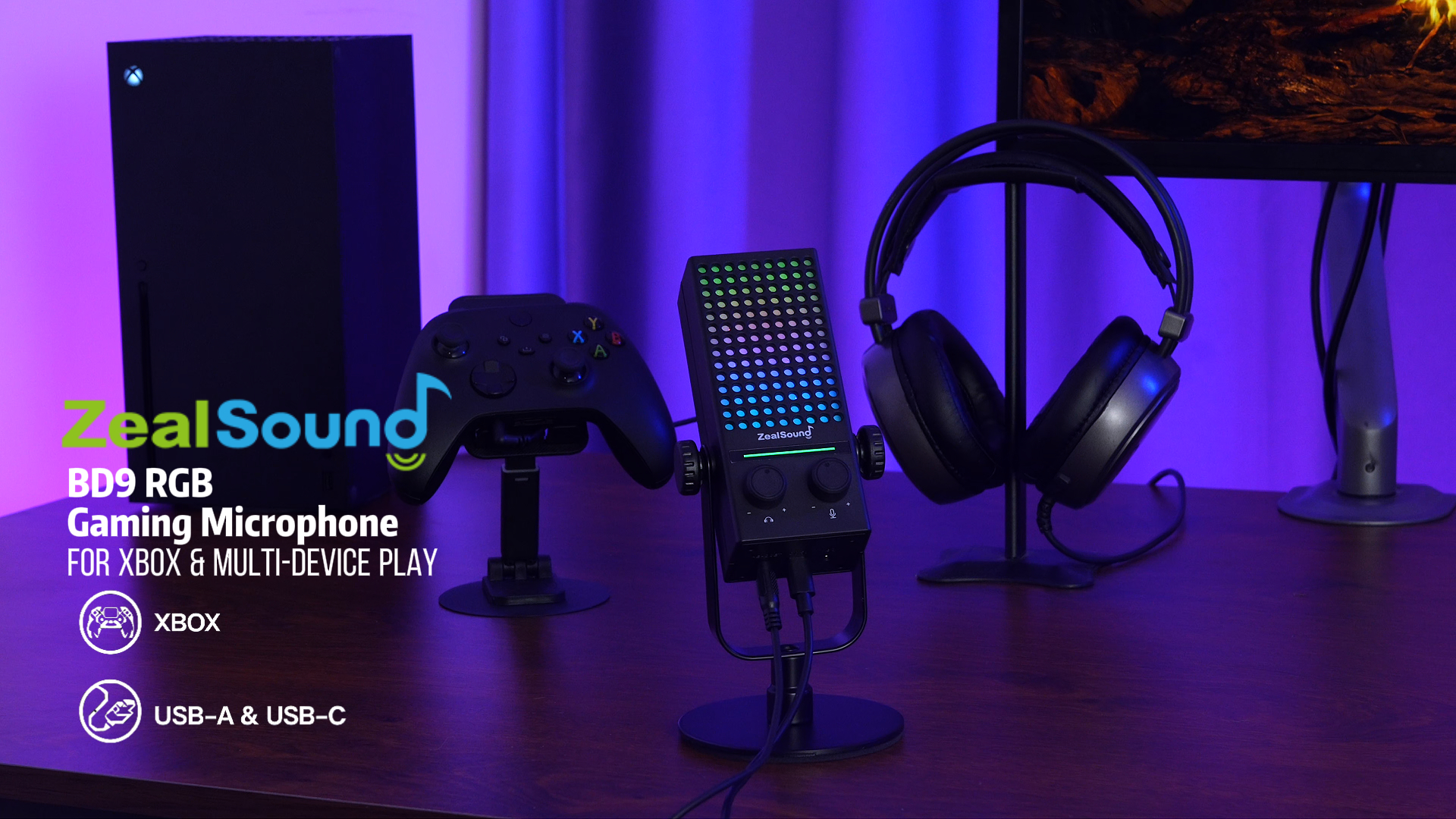 thumbnail video image 2 of ZealSound Gaming Microphone for Xbox, PC & Mac, Noise Cancellation Streaming Mic with One Tap Mute, RGB Lighting, Monitoring, Gain Control, Condenser Mic for iPhone, Computer, Podcast, Gamer, YouTube, 2 of 10