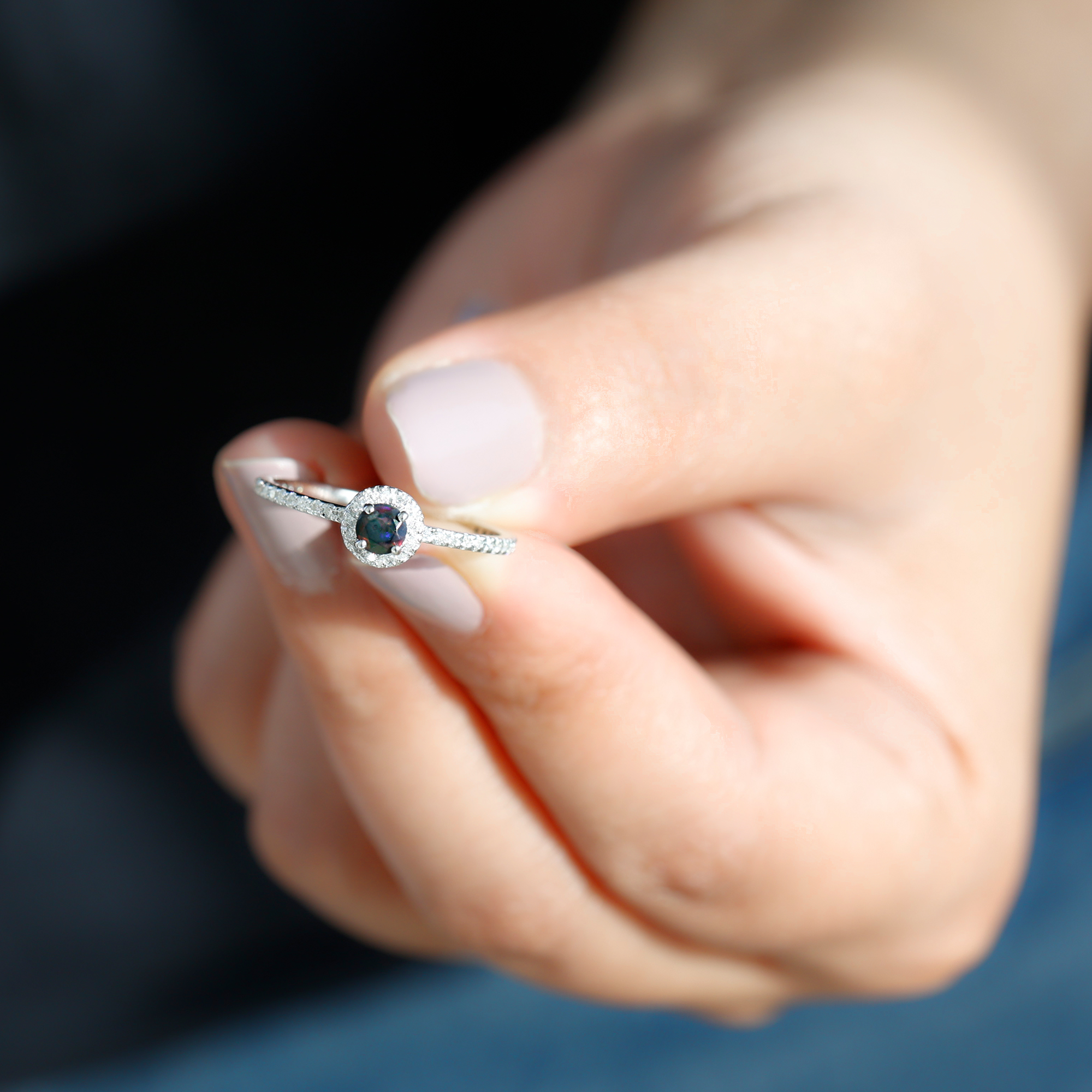 thumbnail video image 2 of Rosec Jewels Real Black Opal Promise Ring for Women - Black Opal Diamond Ring - AAA Grade - Ready to Gift for Valentines Day, 925 Sterling Silver, US 3.50, 2 of 9