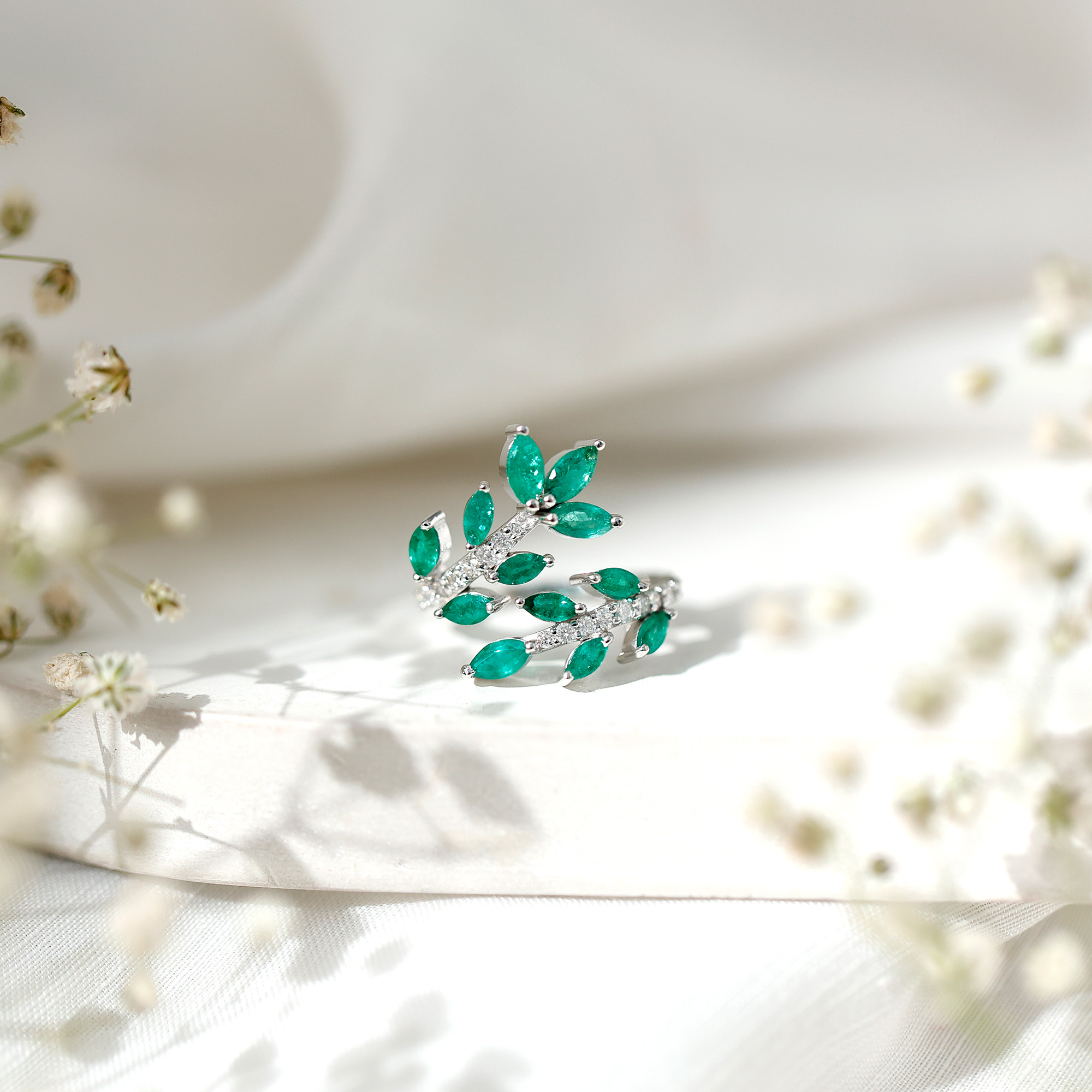 thumbnail video image 2 of Rosec Jewels Natural Emerald Leaf Wrap Ring for Cocktail with Diamond - AAA Grade, 925 Sterling Silver, US 4.00, 2 of 9