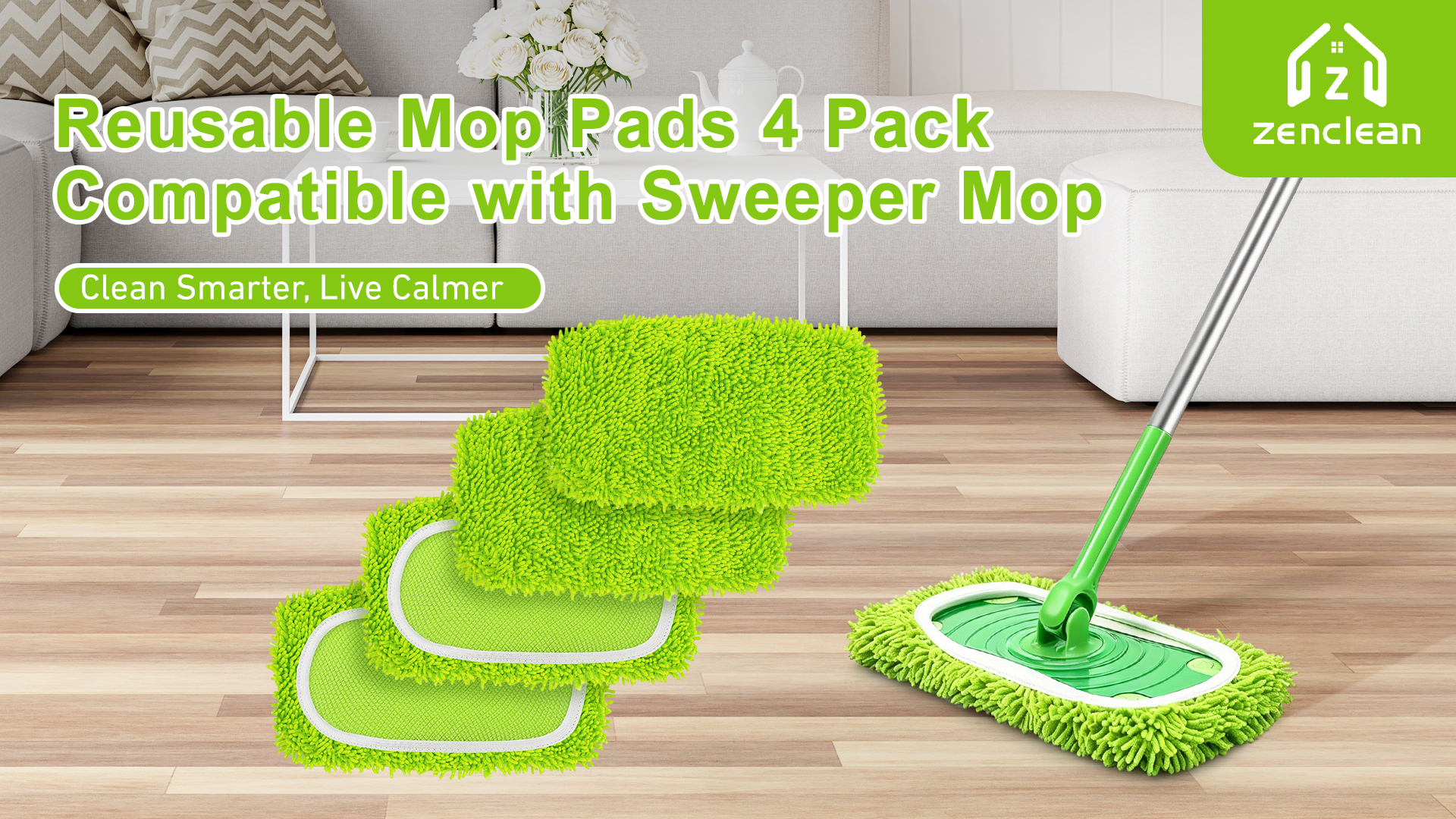thumbnail video image 2 of ZenClean Reusable Microfiber Mop Pads 4 Pack Compatible with SwifferSweeper Mop for Wet & Dry Floor Cleaning (Green), 2 of 8