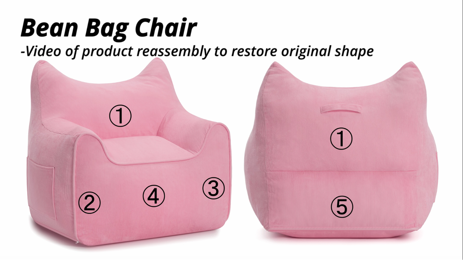 thumbnail video image 2 of Lusimo Kids Bean Bag Chair, Soft Memory Foam Bean Bag Sofa for Bedrooms, Cat-Ear Design Toddler Couch for Boys, Girls, Lounge Chairs with Pocket for Gaming, Reading, Ages 1.5-8, Pink, 2 of 11