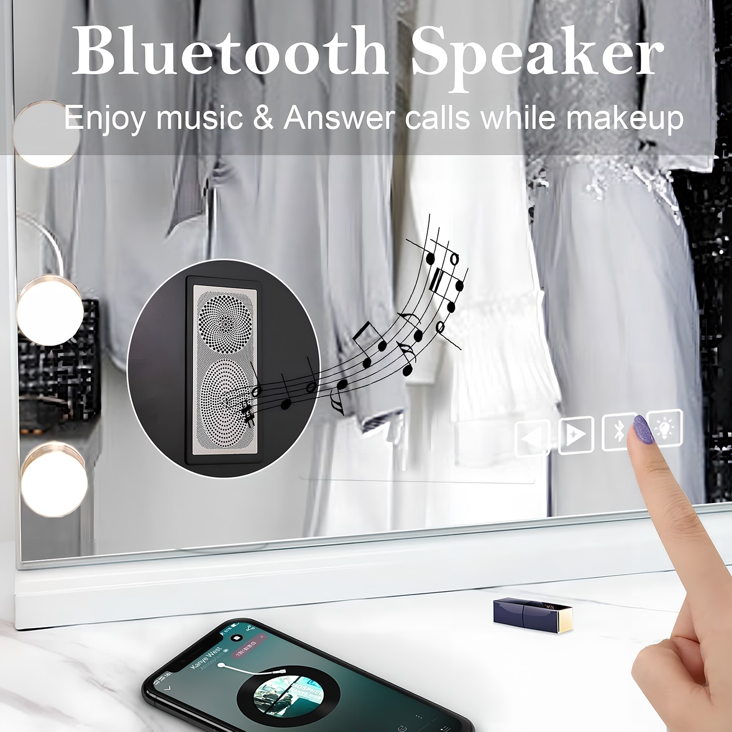 thumbnail video image 2 of 22.8" Hollywood Vanity Mirror with Lights & Bluetooth - 15 LED Dimmable Bulbs, 10X Magnification, 3 Color Modes, Touch Control & USB Charging, Large Lighted Makeup Mirror for Bathroom/Bedroom (White), 2 of 9