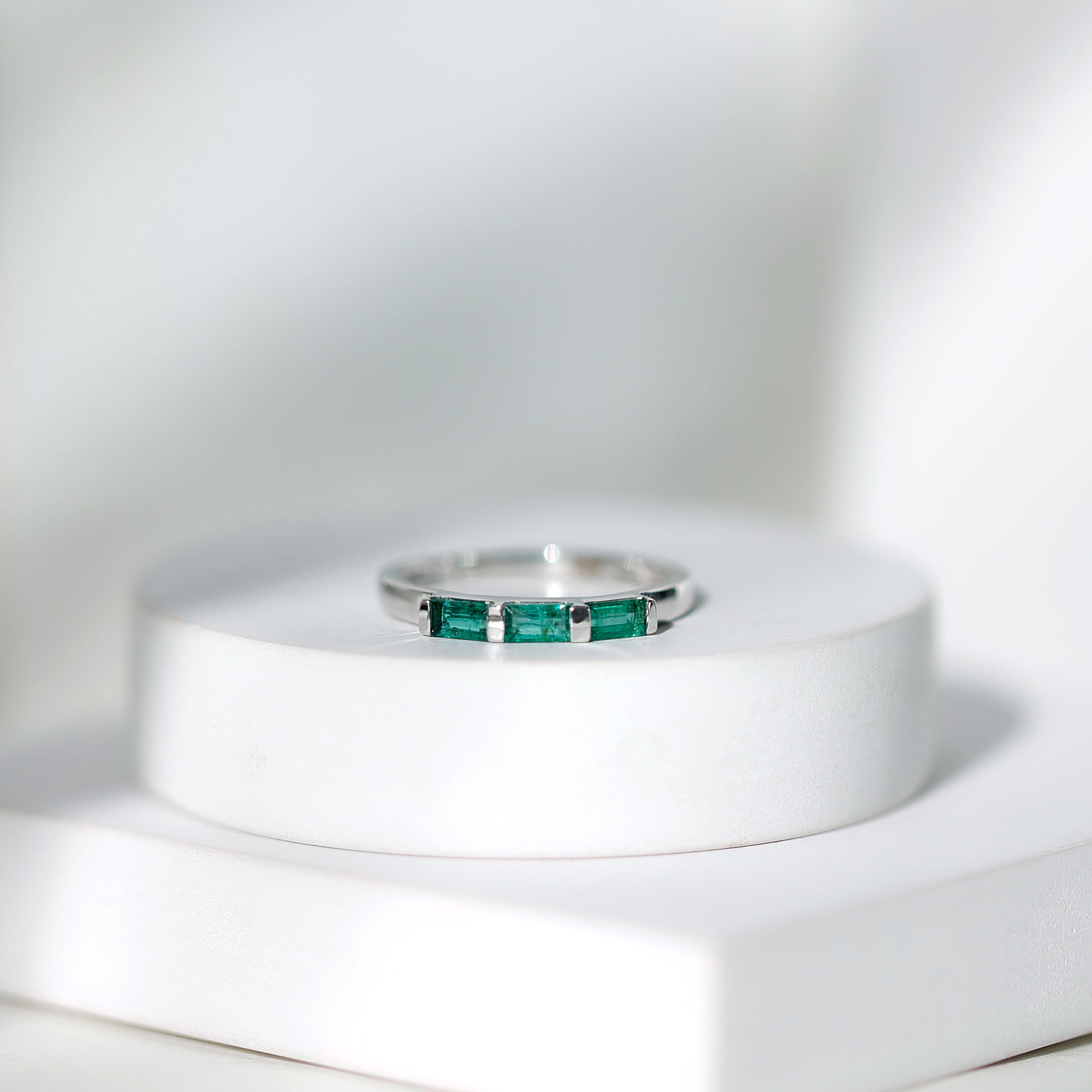 thumbnail video image 2 of Rosec Jewels Three Stone Ring - Baguette Emerald Ring in Bar Setting (AAA Quality), 10K Yellow Gold, US 6.50, 2 of 8