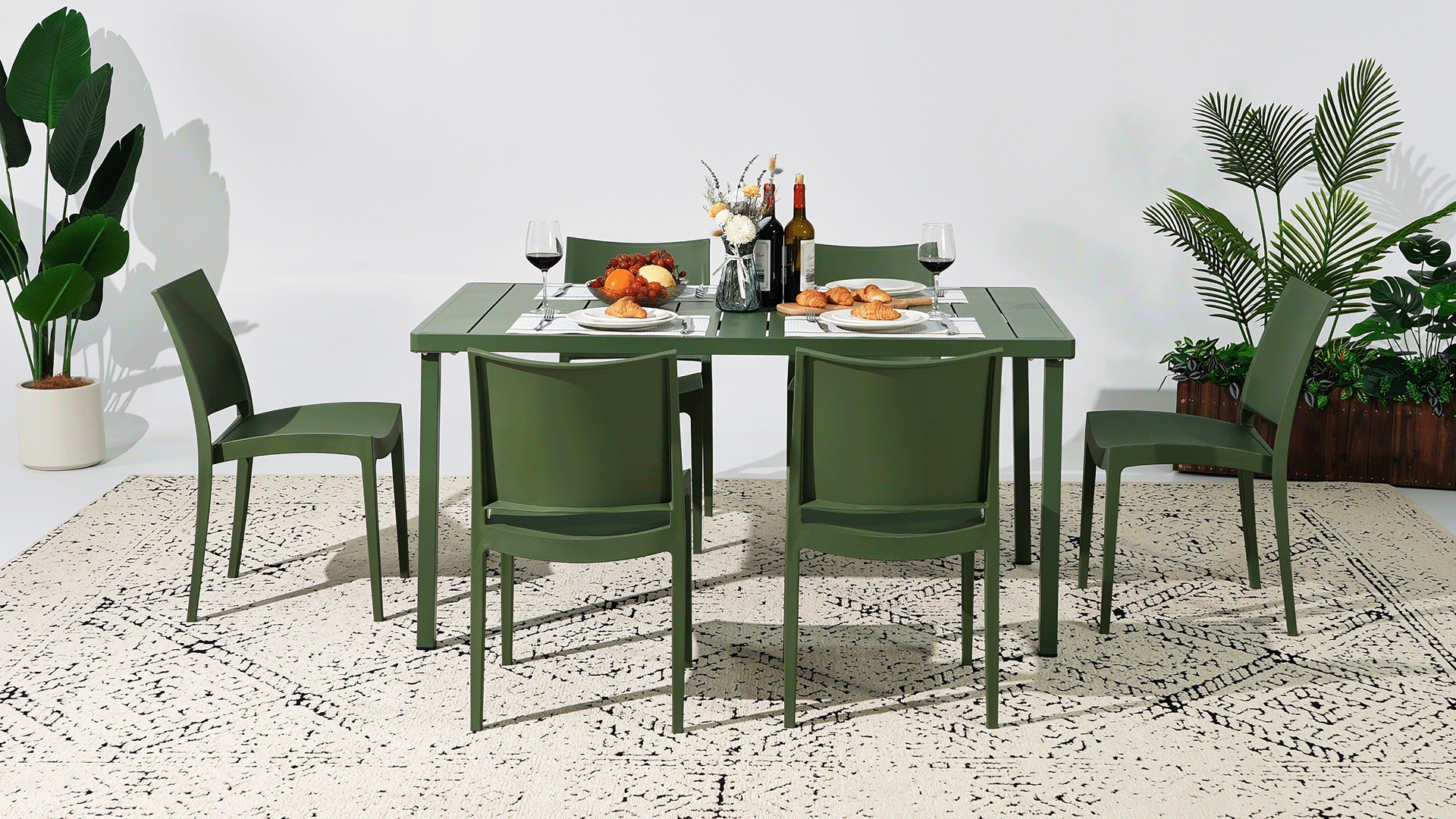 thumbnail video image 2 of WestinTrends Playa 7-Piece Outdoor Rectangular Metal Patio Dining Table Set With Stackable Resin Patio Side Chairs, Red, 2 of 16