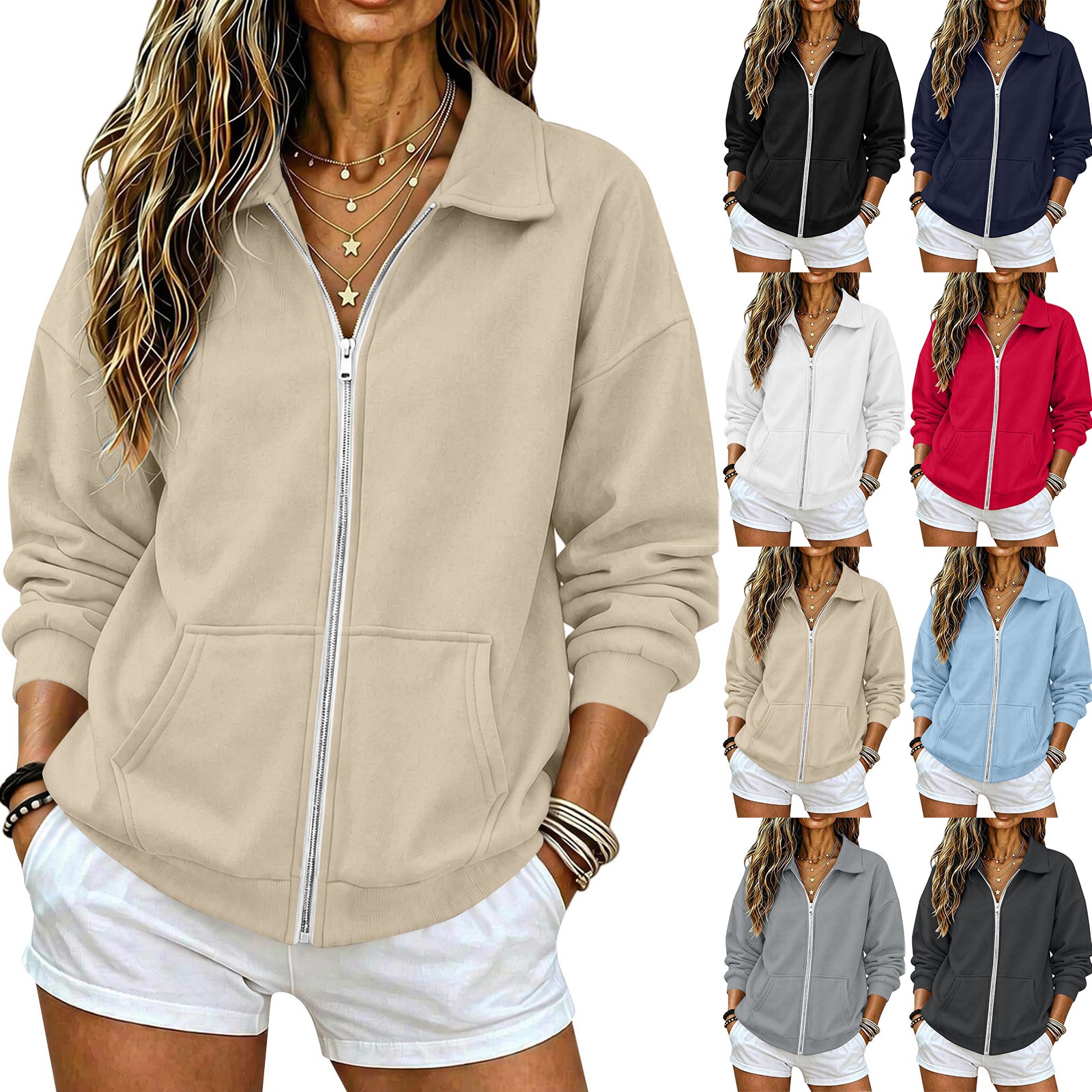 thumbnail video image 2 of RotHome Women's Oversized Full Zip Up Sweatshirt with Kangaroo Pocket and Drop Shoulder Long Sleeve Collared Casual Lounge Coat for Fall Winter, Solid Black, 2 of 10