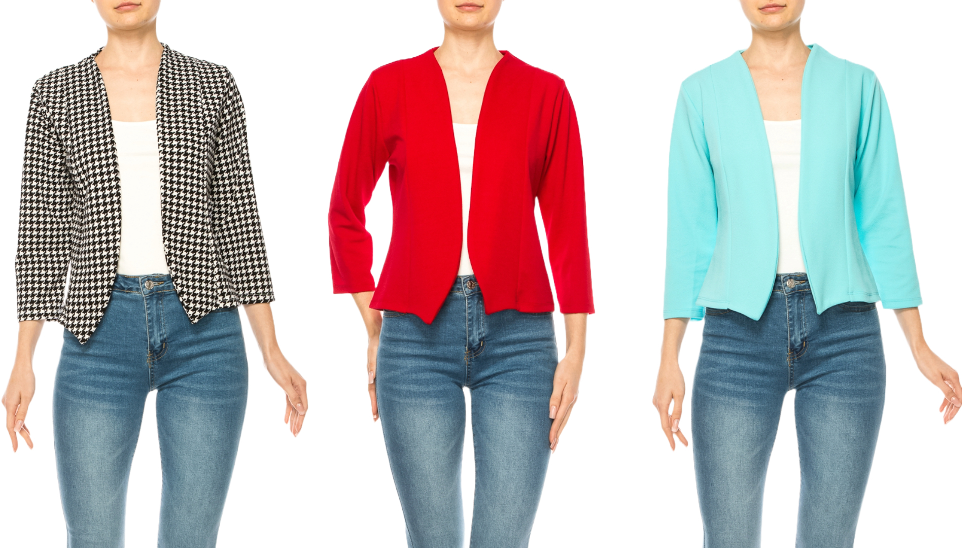 thumbnail video image 2 of Women's Collarless Blazer Open Front Sleek 3/4 Sleeves Cardigan, 2 of 6