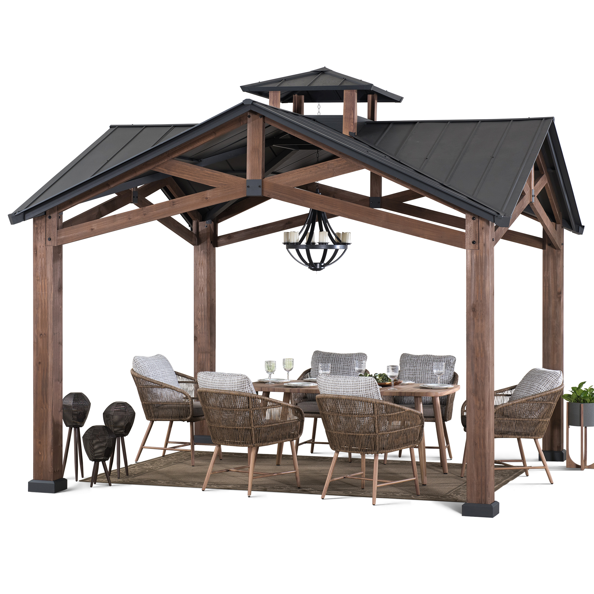thumbnail video image 2 of Sunjoy 12.5 x 12.5 ft. Hardtop Gazebo Outdoor Cedar Frame Wood Gazebo with Steel 2-Tier Hardtop Roof and Ceiling Hook, 2 of 11