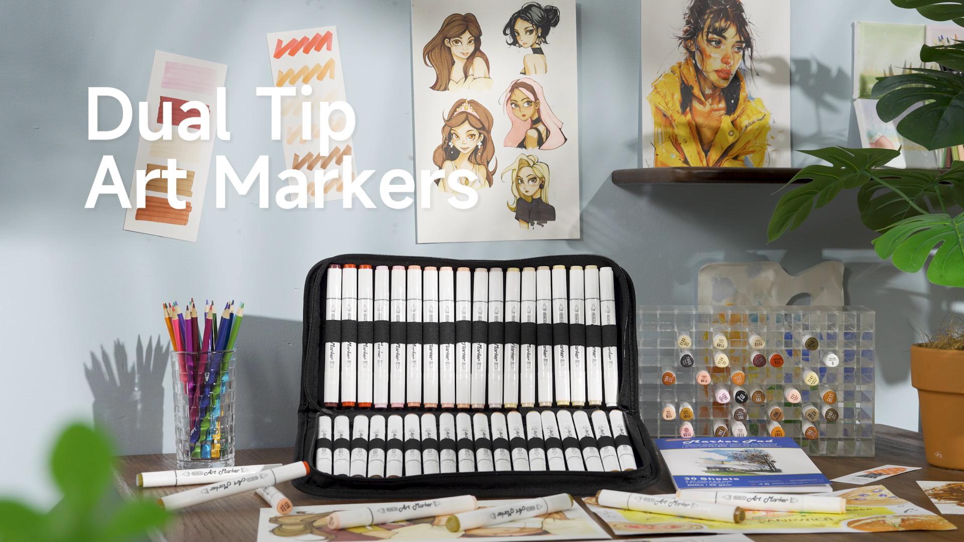 thumbnail video image 2 of 36 Colors Skin Tone&Hair Art Markers, Shuttle Art Dual Tip Alcohol Based Marker Pen Set Contains 1 Blender 1 Carrying Case 1 Marker Pad for Adults Portrait,Comic, Anime, Manga, 2 of 10