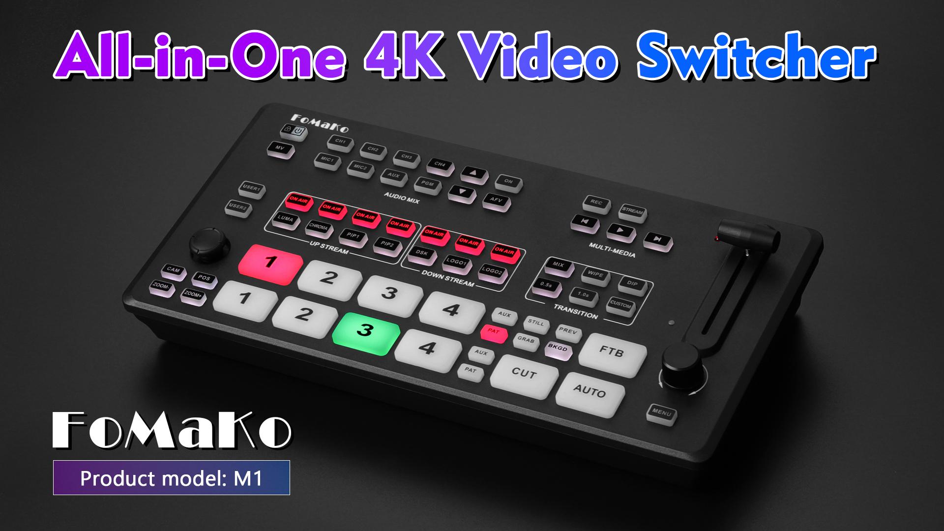 thumbnail video image 2 of FoMaKo 4K HDMI Video Mixer Switcher, 5-Channel HDMI Live Streming Switcher, 4K 60FPS Input,1080p 60FPS Output, Support PTZ Controller, HDMI Video Switcher,M1, 2 of 14