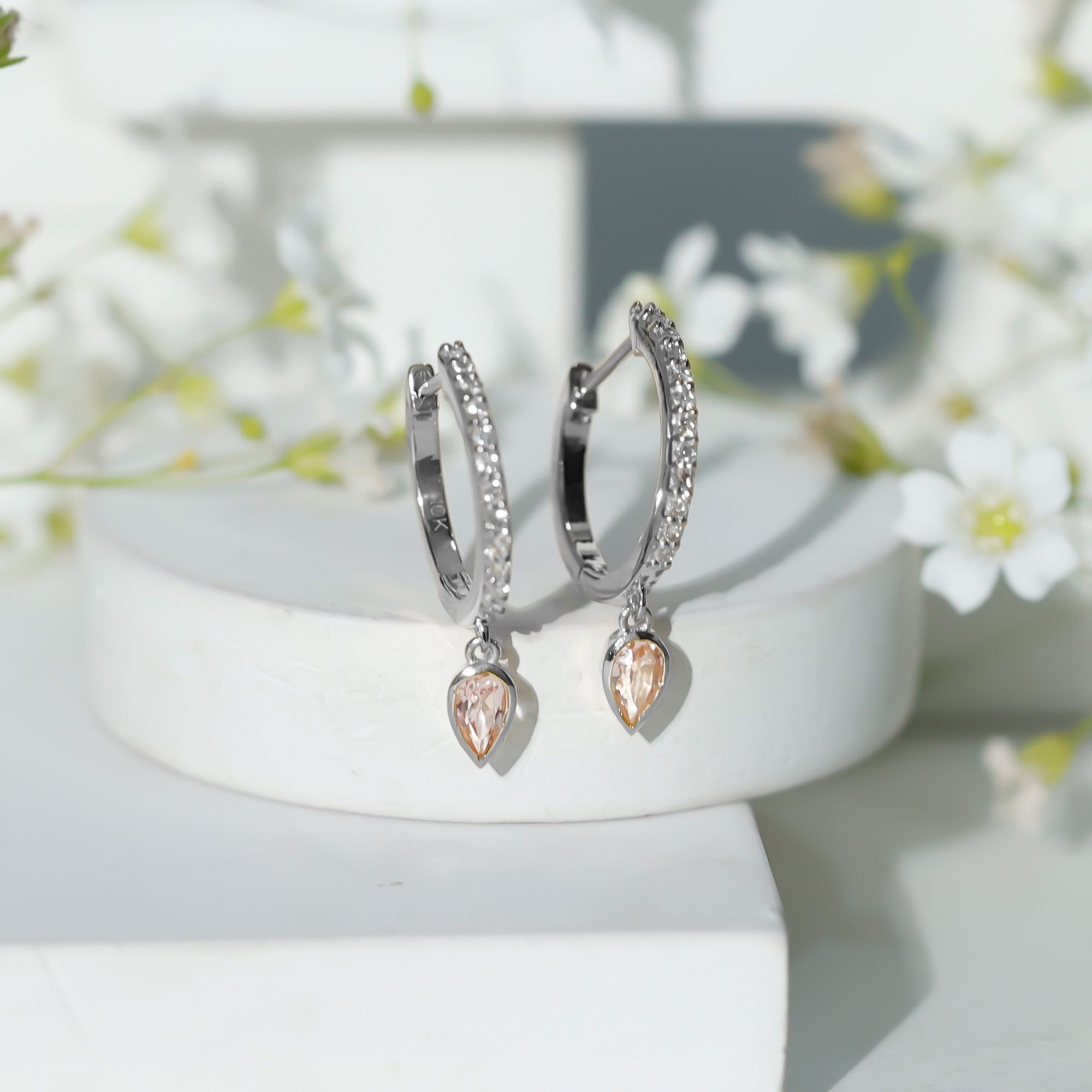 thumbnail video image 2 of Rosec Jewels Natural Certified Morganite Diamond Hoop Earrings - Ready To Gift, 18K White Gold, 2 of 8