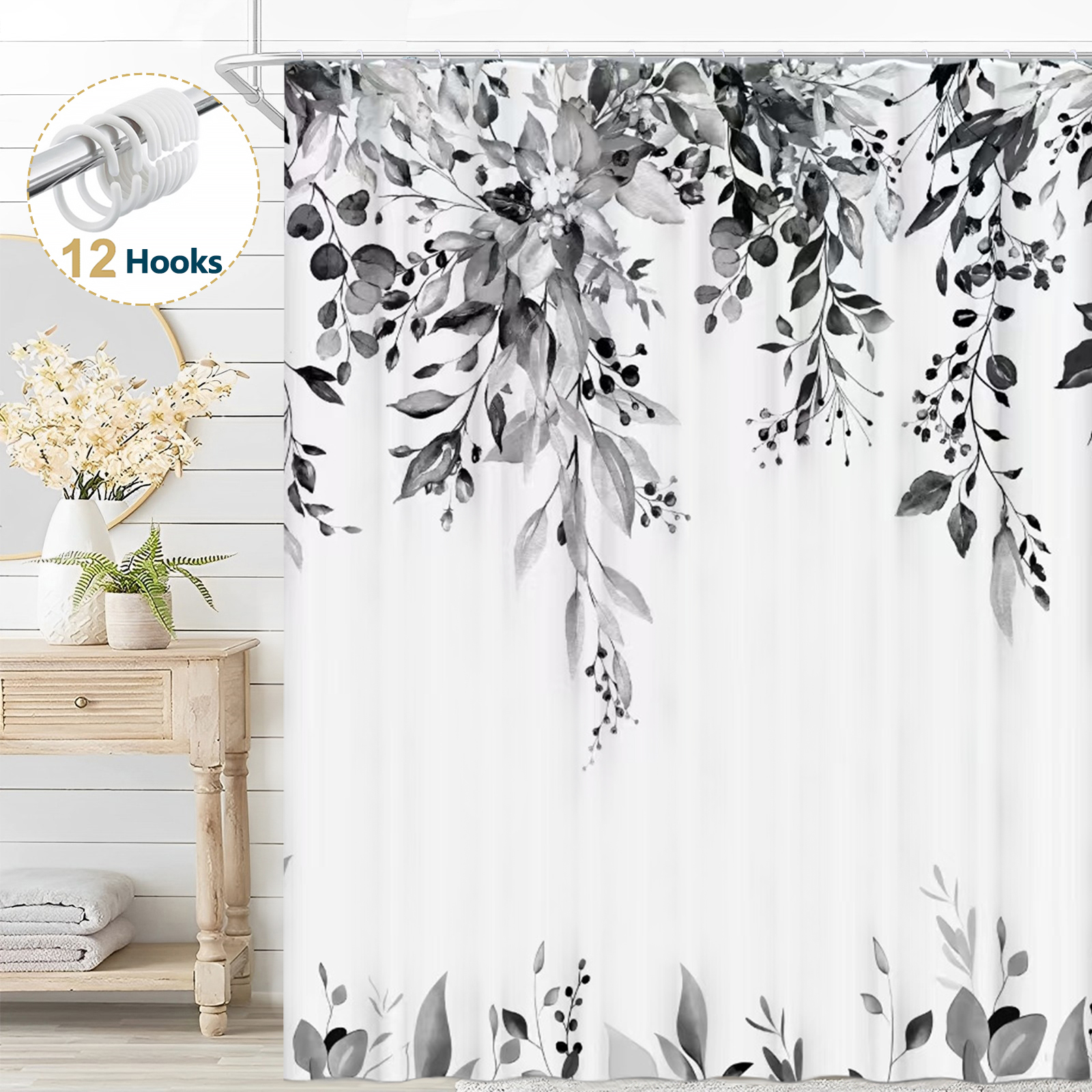 thumbnail video image 2 of Dznils Black Eucalyptus Fabric Shower Curtain, Watercolor Floral Pattern with Hooks, 72" x 72", 2 of 8