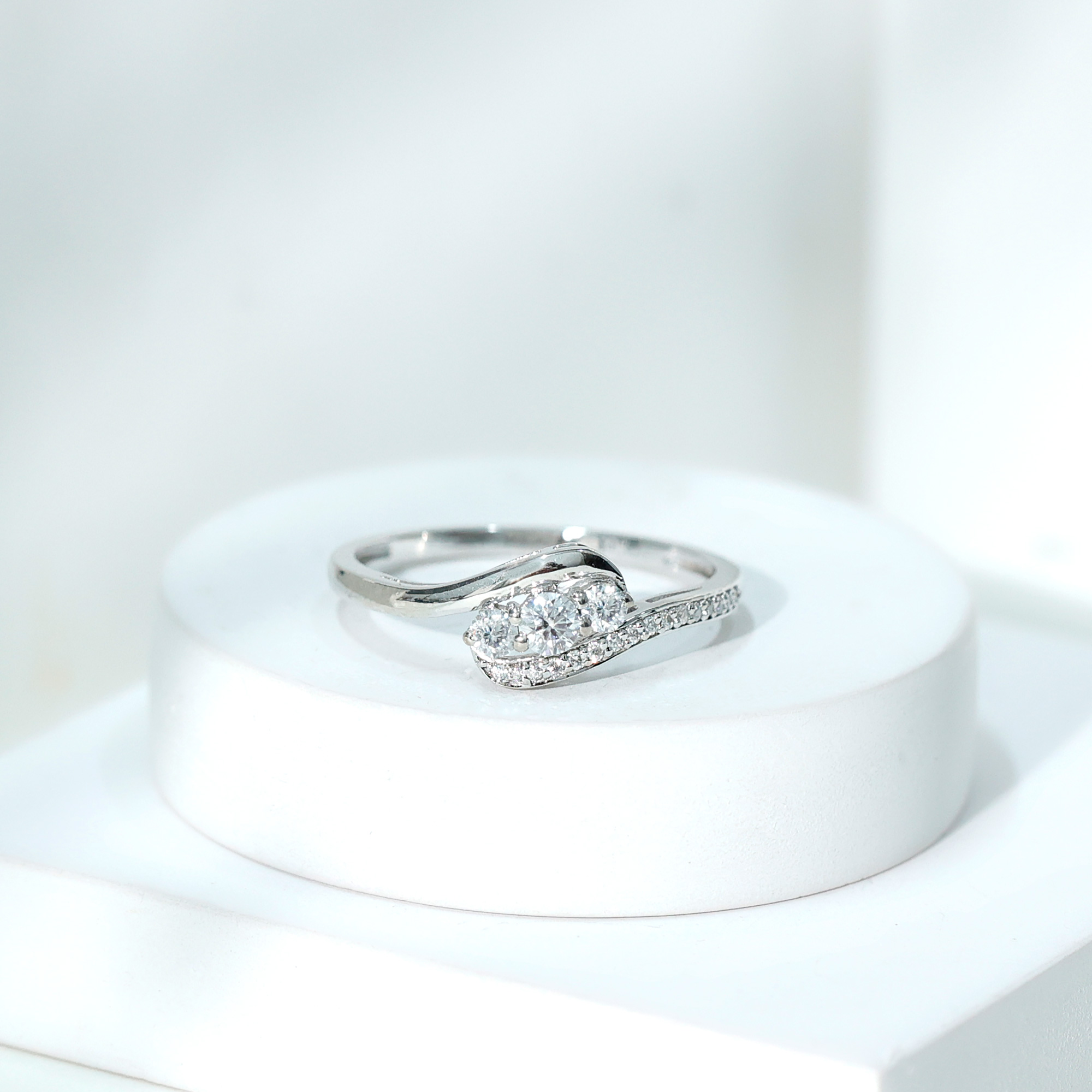 thumbnail video image 2 of Rosec Jewels Certified Moissanite 3 Stone Promise Ring - Bypass Ring for Women - Ready to Gift for Valentines Day, 925 Sterling Silver, US 4.00, 2 of 7