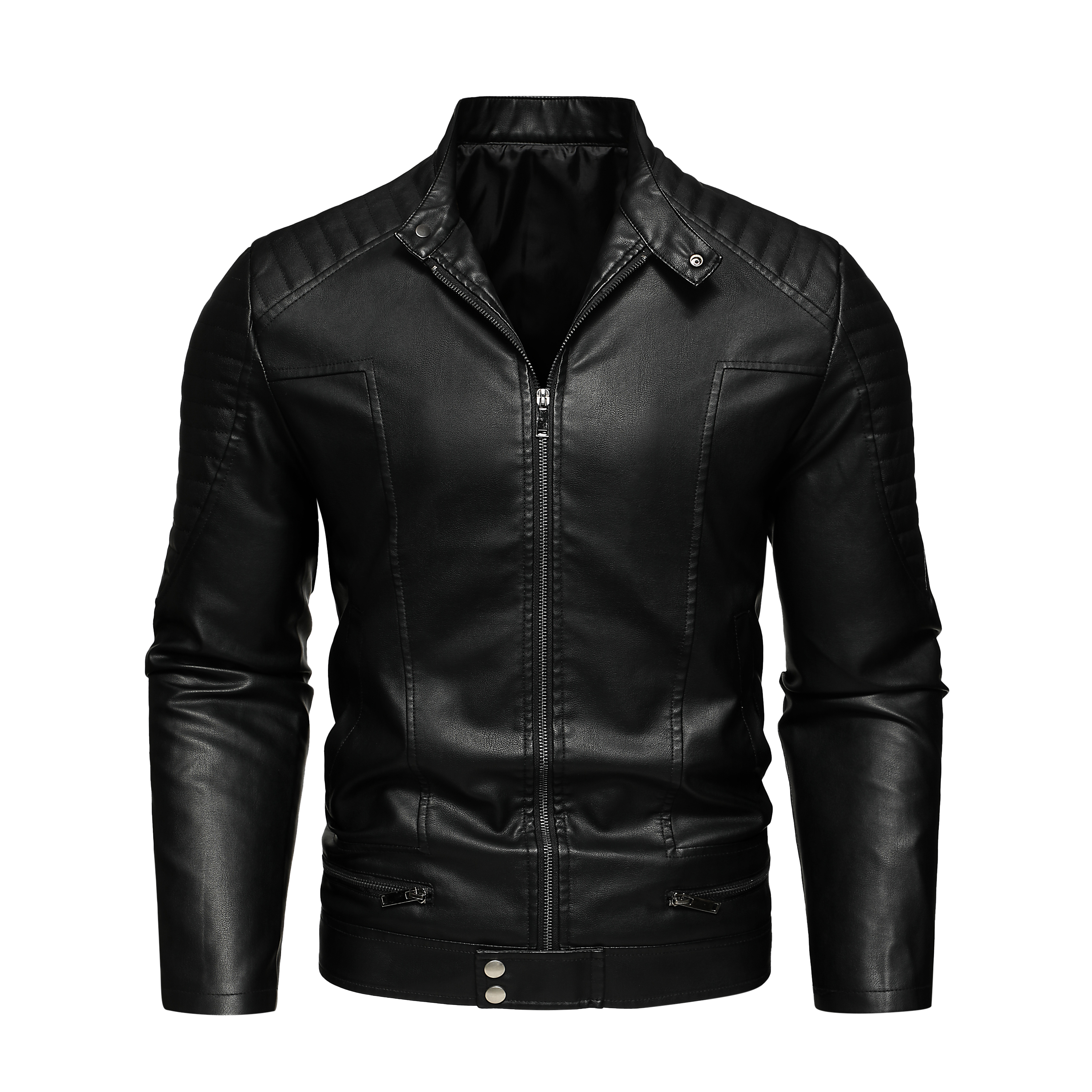 thumbnail video image 2 of Men's Solid Color Stand Collar Leather Jacket, Single Piece, Stylish and Durable, Perfect for Casual Wear, All Seasons, 2 of 13