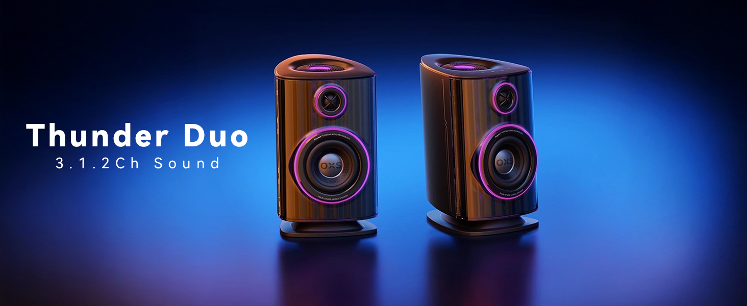 thumbnail video image 2 of OXS Thunder Duo Gaming Speaker with Dolby Atmos, 3.1.2ch, Studio-Grade HI-FI Audio, Dynamic RGB, Multi EQ Modes, APP Customization, HDMI 2.1, USB-C, Bluetooth, for PCs and Gaming Consoles, 2 of 8