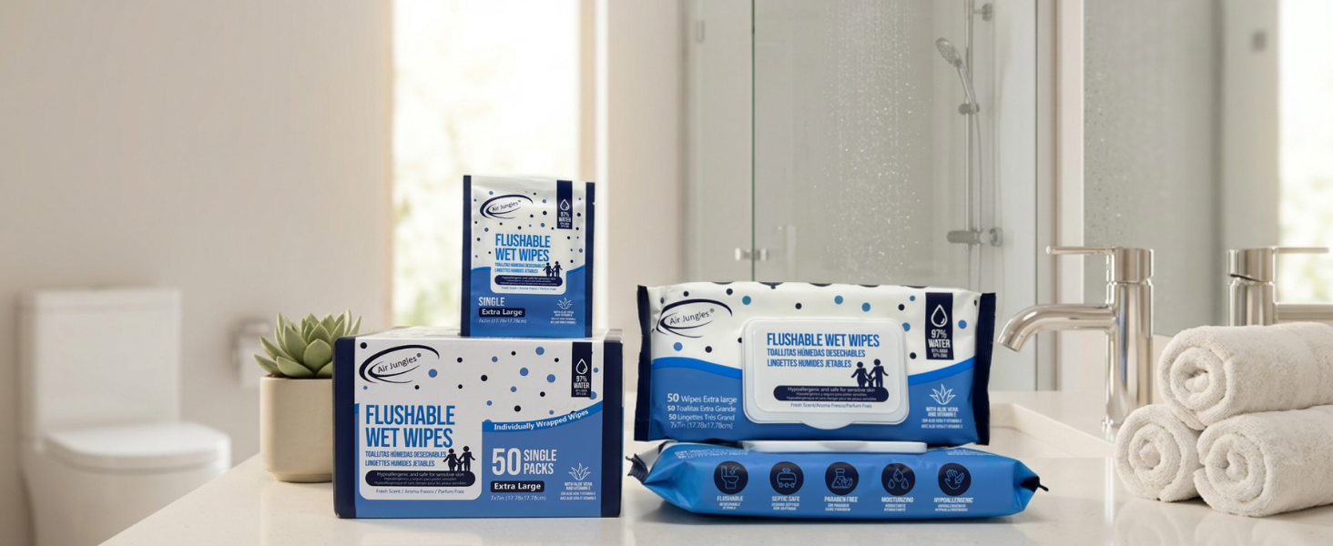thumbnail video image 2 of Air Jungles Flushable Wipes 150 ct for Adult and Child, XL 7 x 7 in with Aloe Vera & Vitamin E for Sensetive Skin, Body Wet Wipes -Septic and Sewer Safe- Fresh Scent, 2 of 8