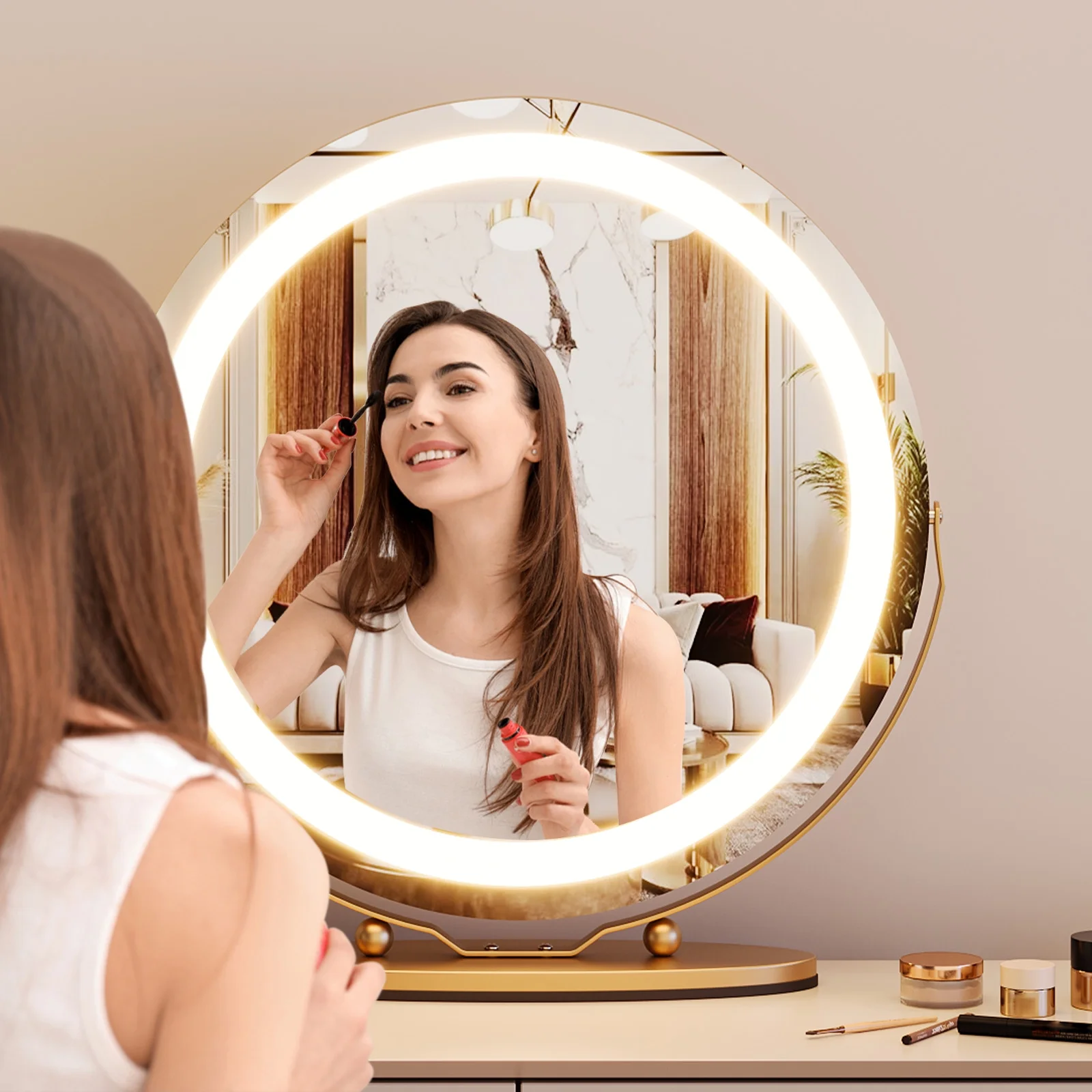 thumbnail video image 2 of IDEALHOUSE 19" Round Vanity Mirror with Lights, Black Makeup Mirror, 3-Color Dimmable LED, Smart Touch, 360° Rotation, Tabletop Mirror for Bedroom and Dressing Room, Easy Install, 2 of 10